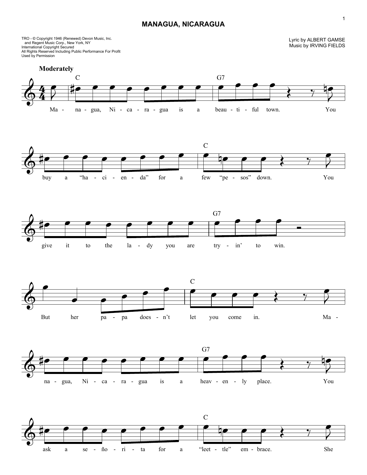 Download Albert Gamse Managua, Nicaragua Sheet Music and learn how to play Melody Line, Lyrics & Chords PDF digital score in minutes