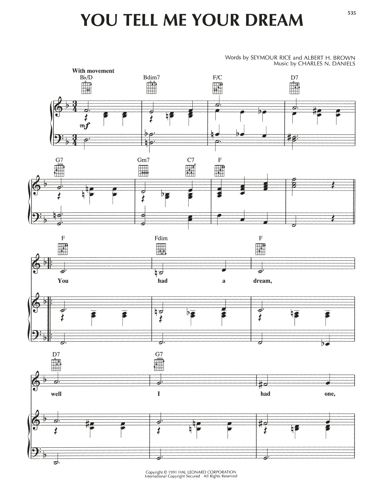Download Albert H. Brown You Tell Me Your Dream Sheet Music and learn how to play Piano, Vocal & Guitar Chords (Right-Hand Melody) PDF digital score in minutes