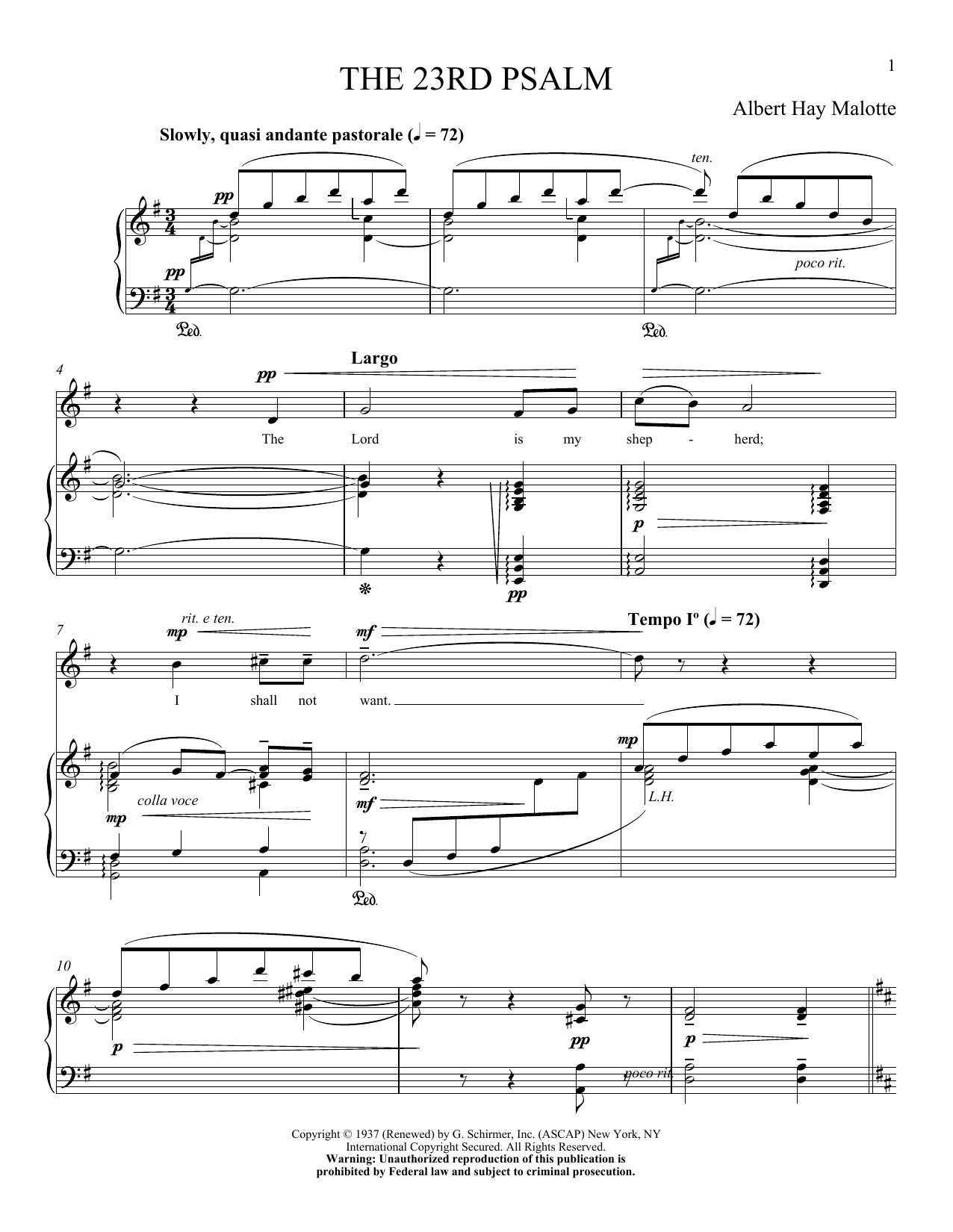 Download Albert H. Malotte The 23rd Psalm Sheet Music and learn how to play Piano & Vocal PDF digital score in minutes