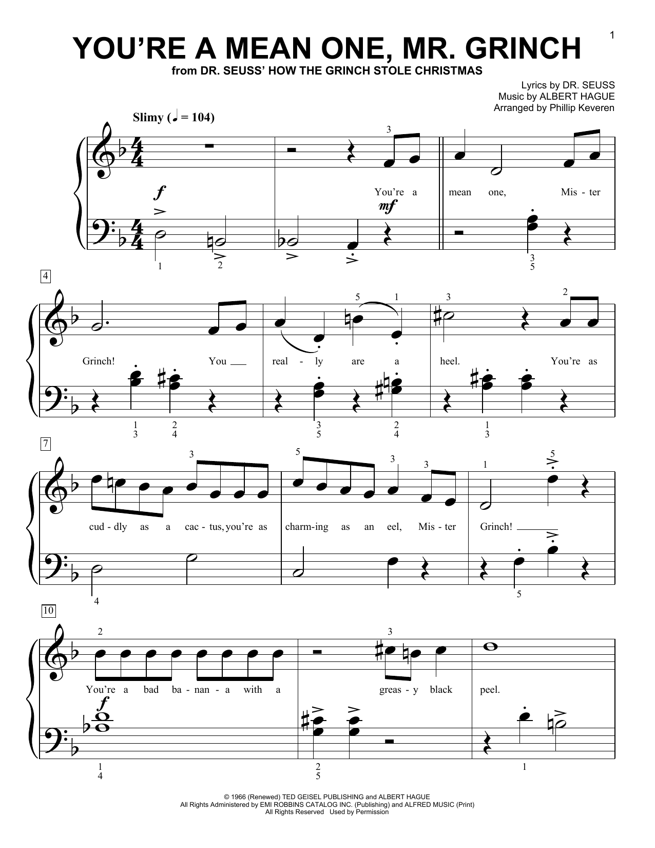 Download Albert Hague You're A Mean One, Mr. Grinch (from Dr. Seuss How The Grinch Stole Christmas) (a Sheet Music and learn how to play Big Note Piano PDF digital score in minutes