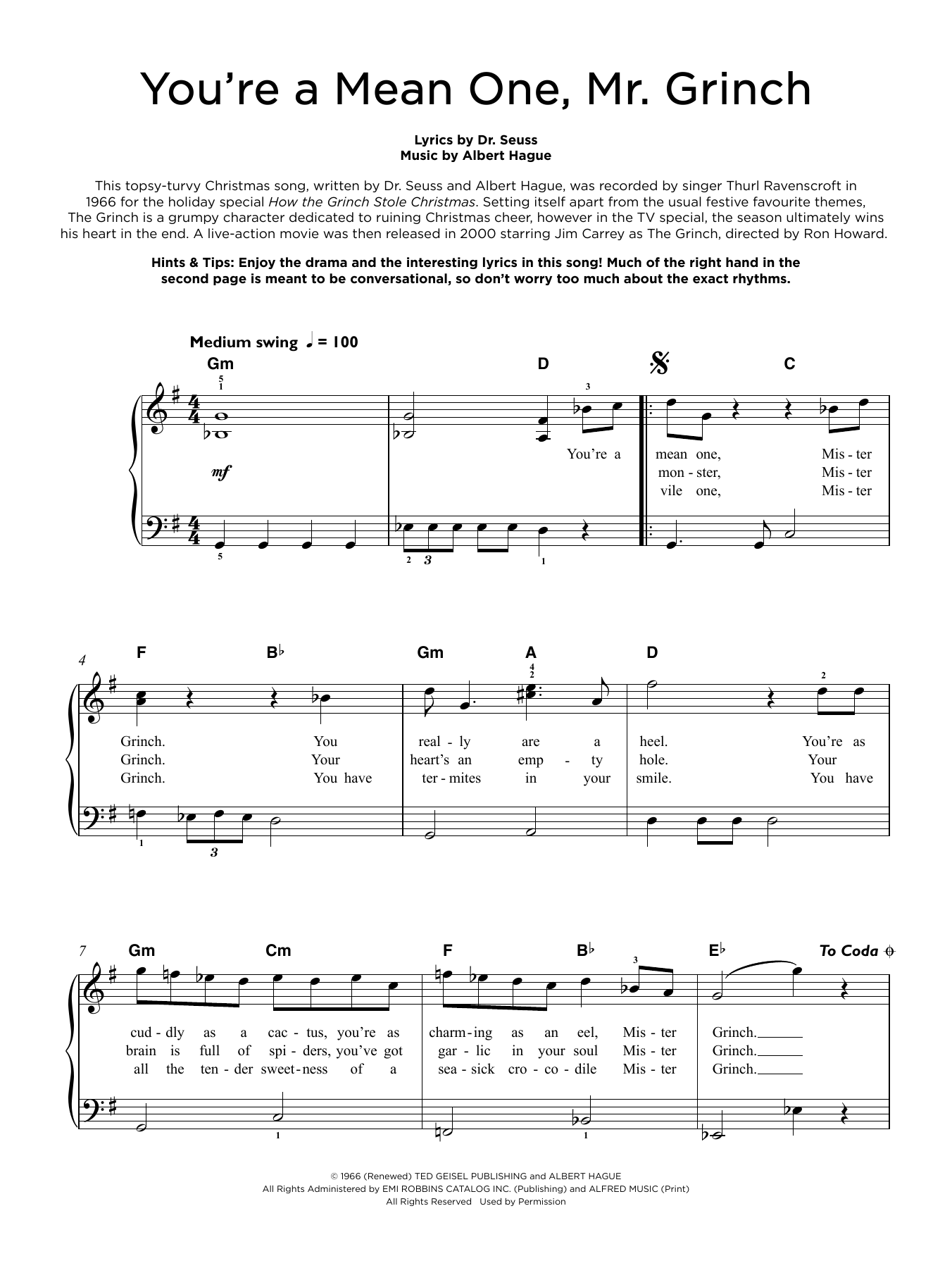 Download Albert Hague You're A Mean One, Mr. Grinch (from How The Grinch Stole Christmas) Sheet Music and learn how to play Really Easy Piano PDF digital score in minutes