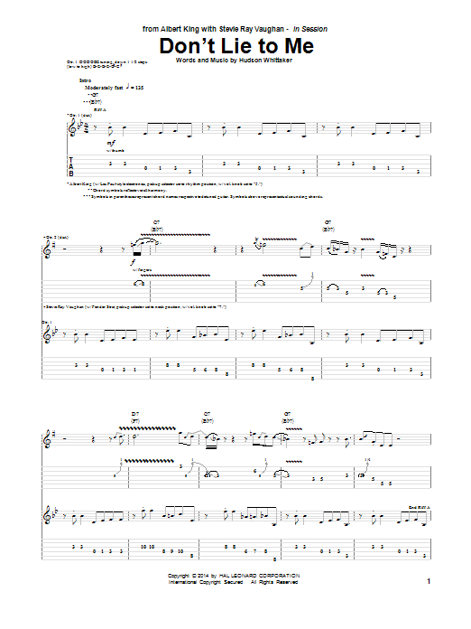 Download Albert King & Stevie Ray Vaughan Don't Lie To Me Sheet Music and learn how to play Guitar Tab PDF digital score in minutes