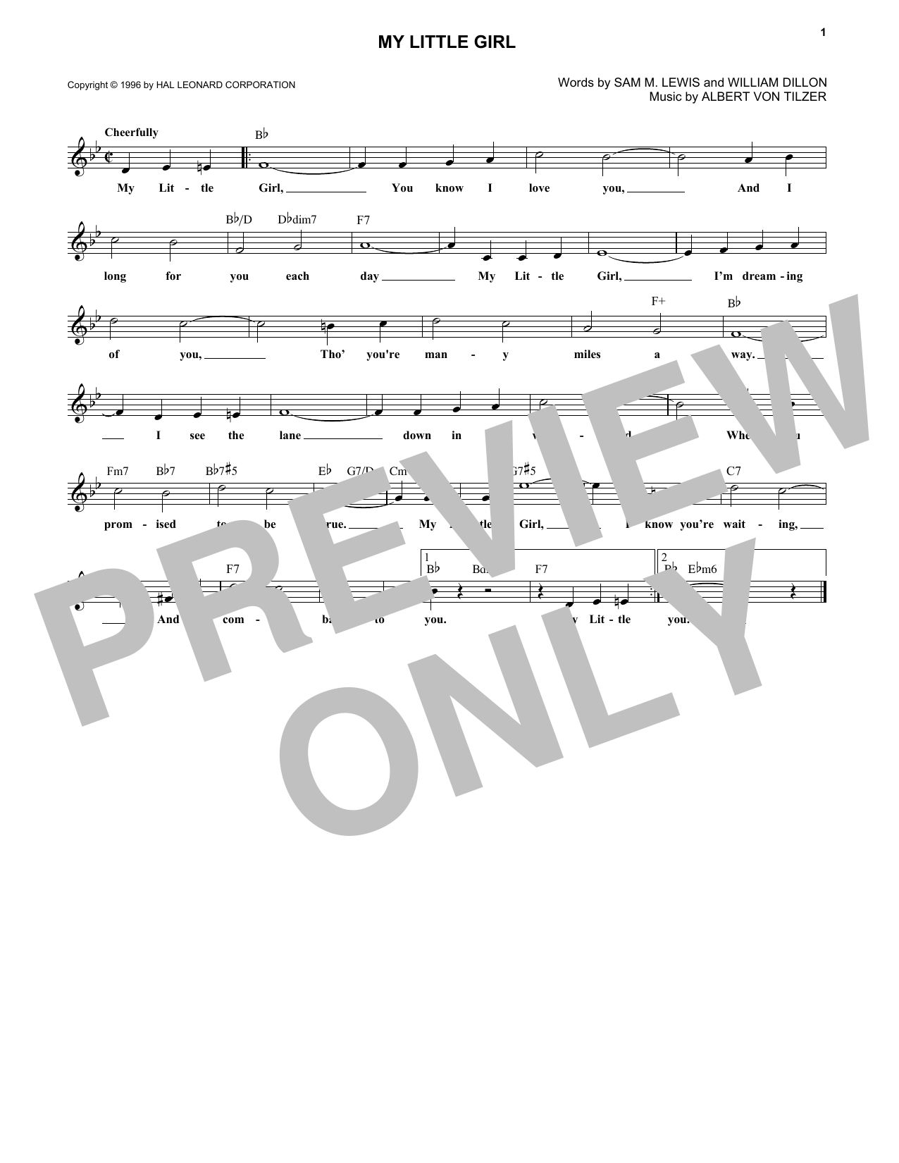 Download Albert von Tilzer My Little Girl Sheet Music and learn how to play Melody Line, Lyrics & Chords PDF digital score in minutes