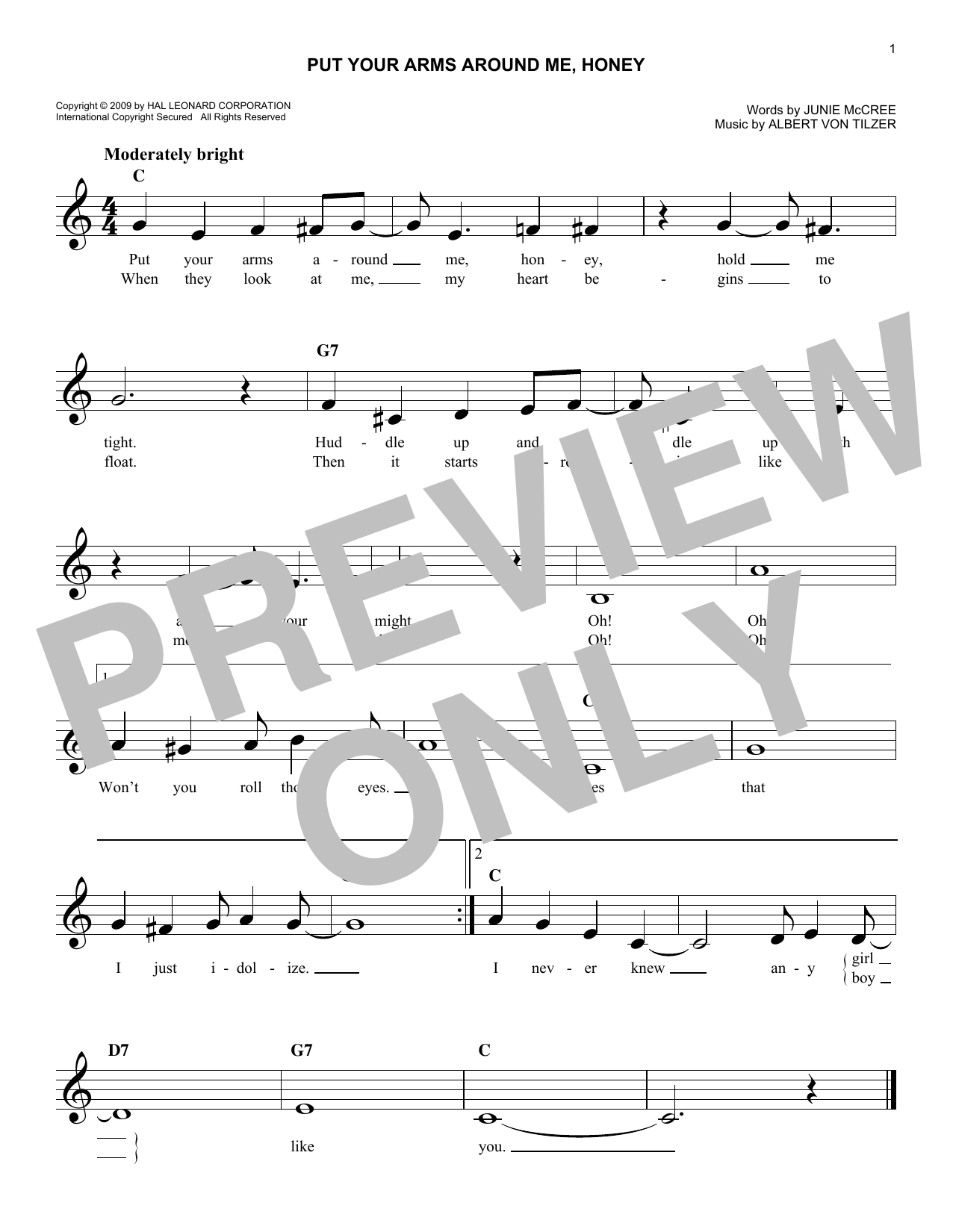 Download Albert von Tilzer Put Your Arms Around Me, Honey Sheet Music and learn how to play Melody Line, Lyrics & Chords PDF digital score in minutes