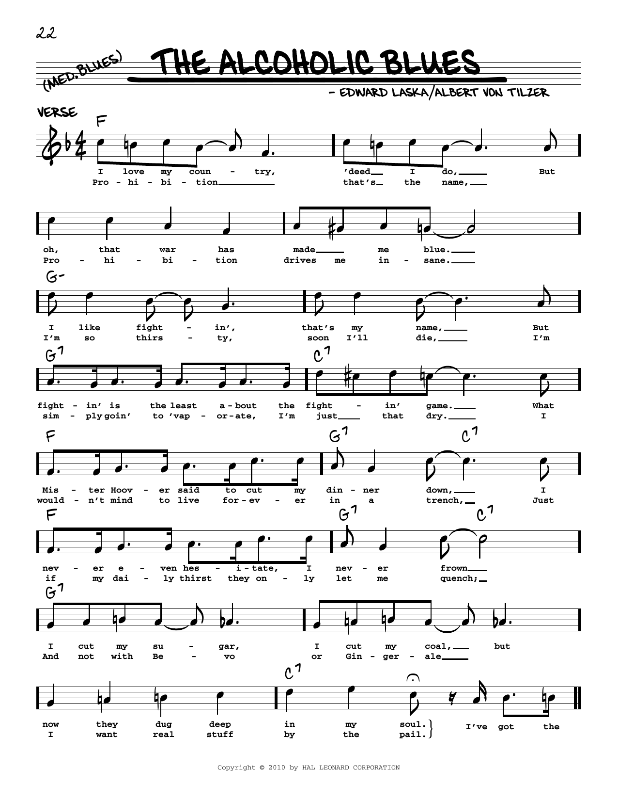 Download Albert von Tilzer The Alcoholic Blues (arr. Robert Rawlins) Sheet Music and learn how to play Real Book – Melody, Lyrics & Chords PDF digital score in minutes