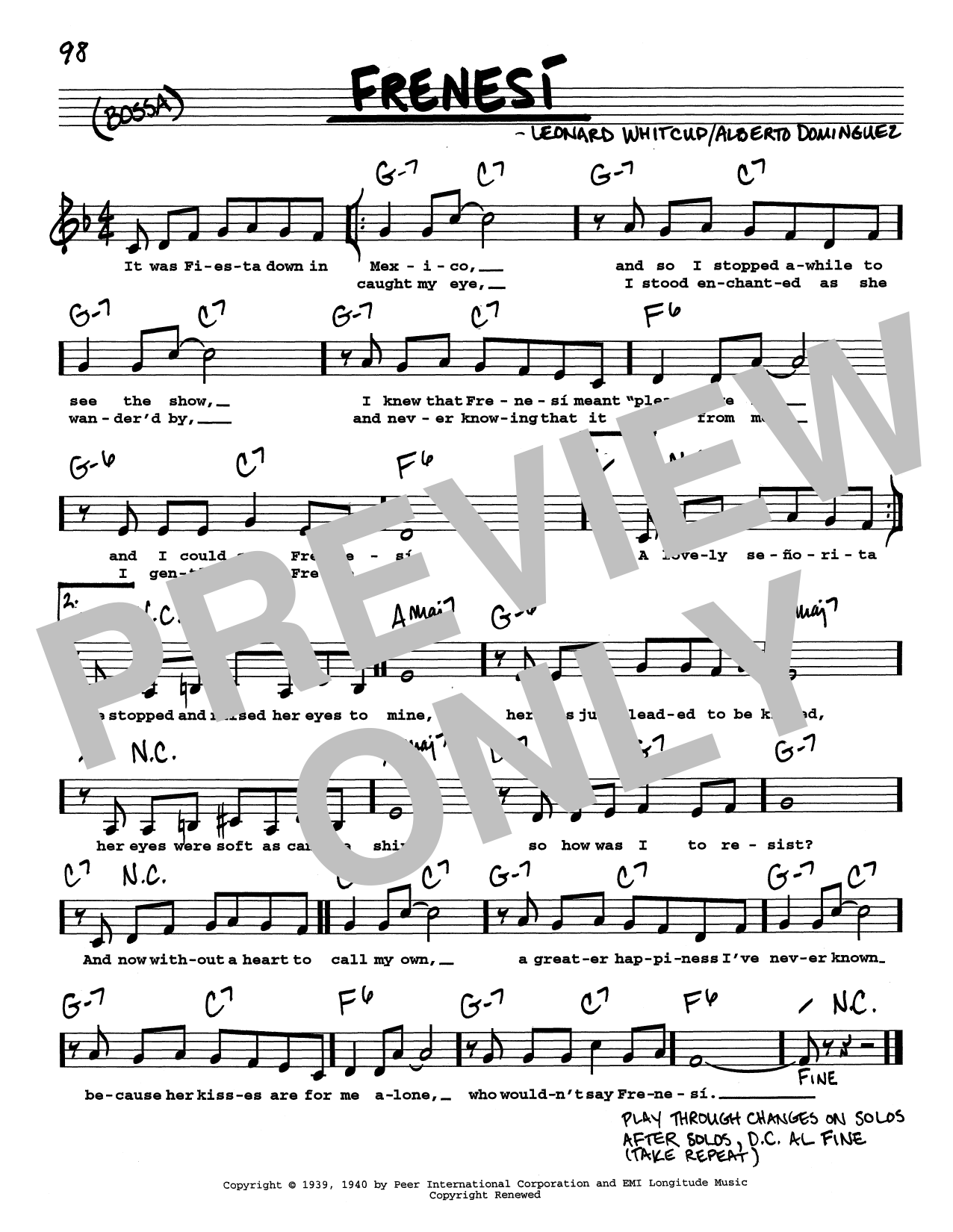 Download Alberto Dominguez Frenesí (Low Voice) Sheet Music and learn how to play Real Book – Melody, Lyrics & Chords PDF digital score in minutes