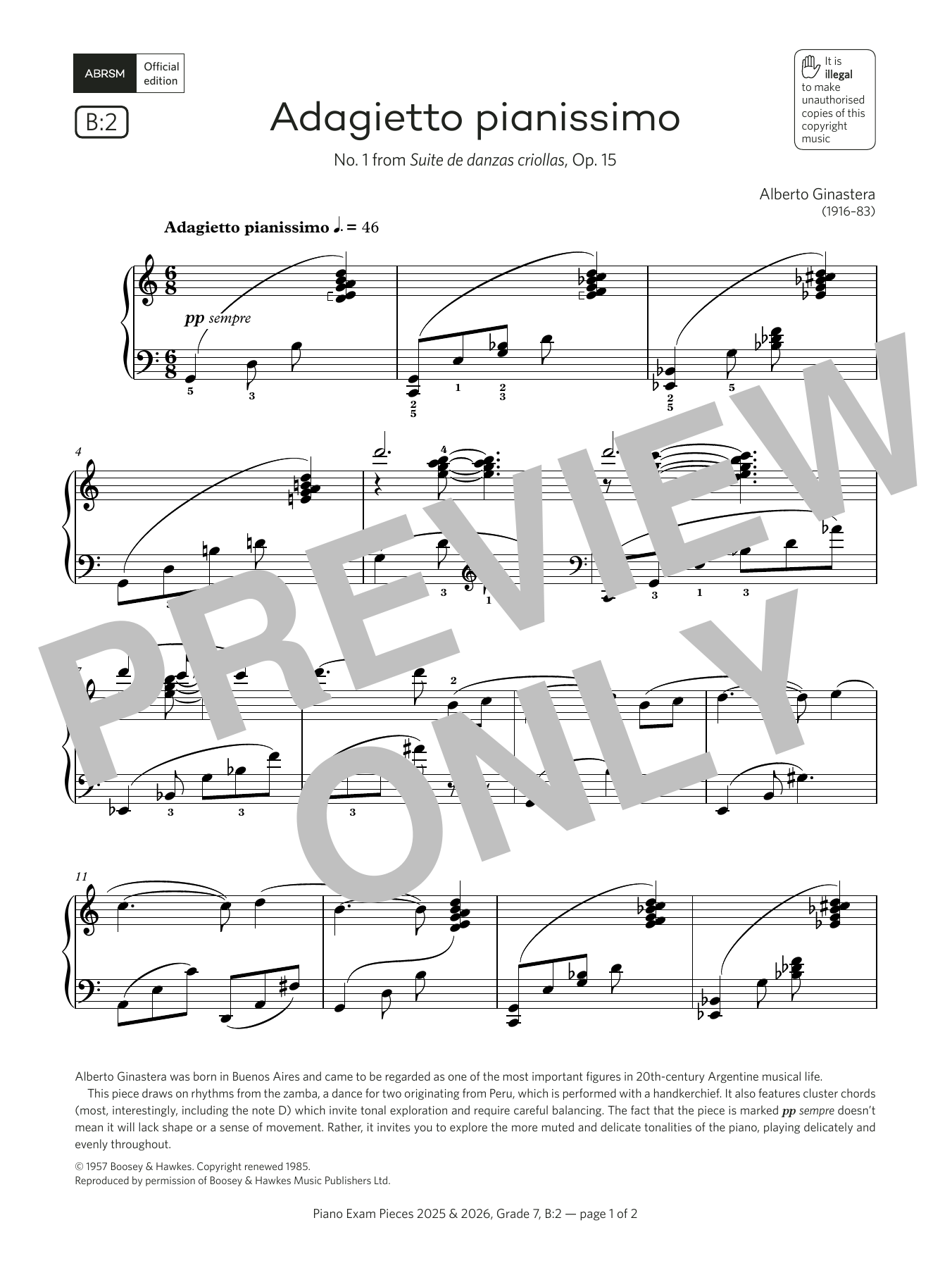 Download Alberto Ginastera Adagietto pianissimo (Grade 7, list B2, from the ABRSM Piano Syllabus 2025 & 202 Sheet Music and learn how to play Piano Solo PDF digital score in minutes