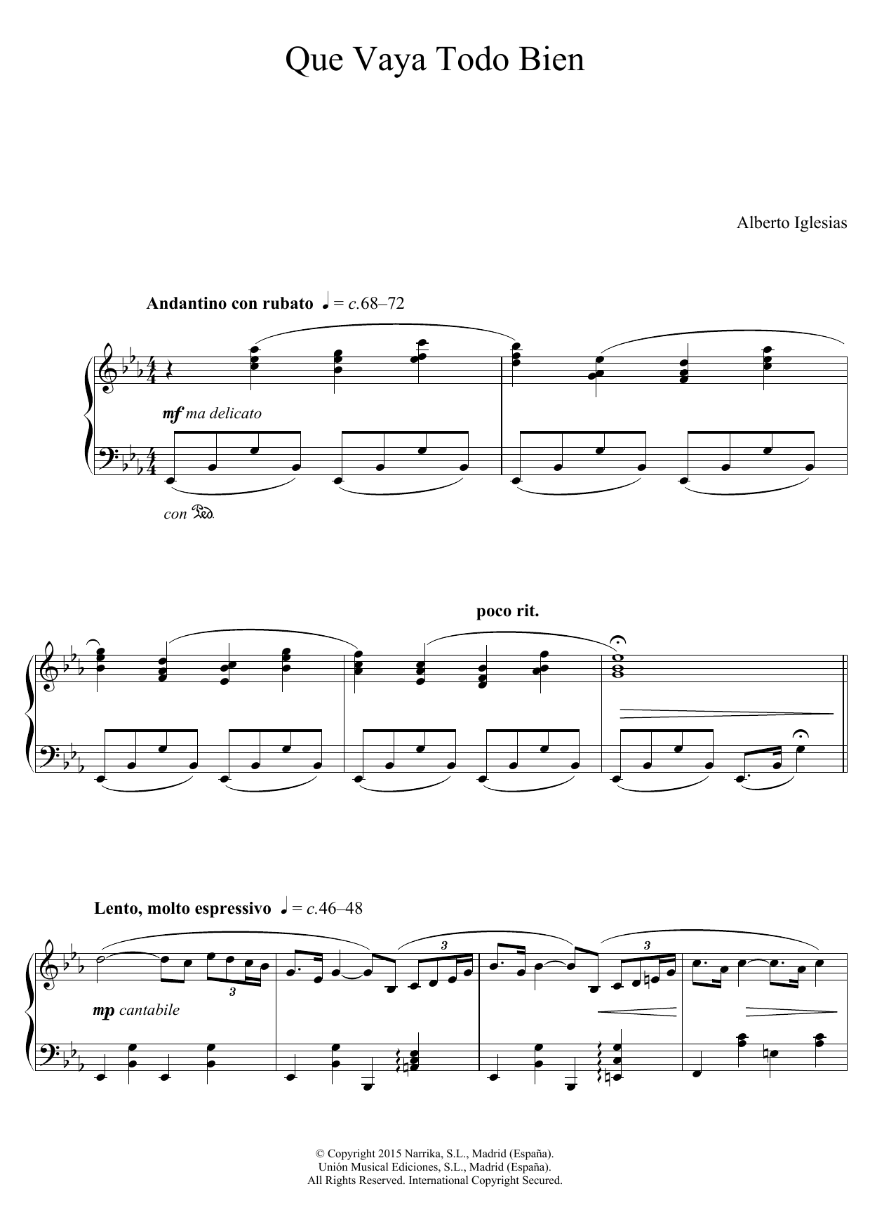 Download Alberto Iglesias Que Vaya Todo Bien (From 'Ma Ma') Sheet Music and learn how to play Piano PDF digital score in minutes