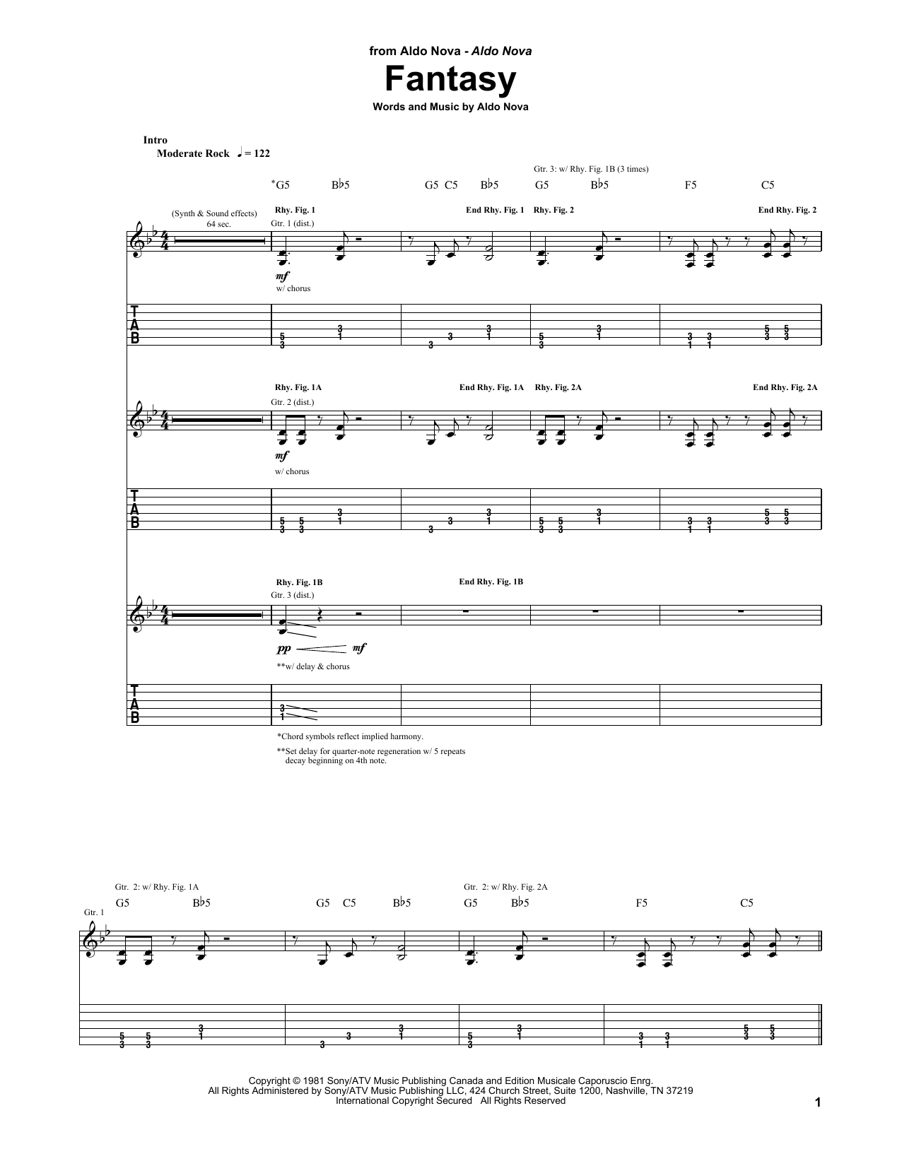 Download Aldo Nova Fantasy Sheet Music and learn how to play Guitar Tab PDF digital score in minutes