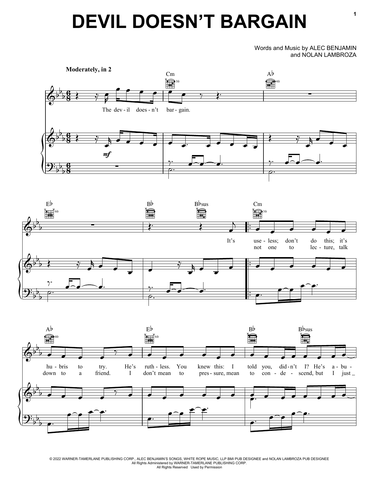 Download Alec Benjamin Devil Doesn't Bargain Sheet Music and learn how to play Piano, Vocal & Guitar Chords (Right-Hand Melody) PDF digital score in minutes