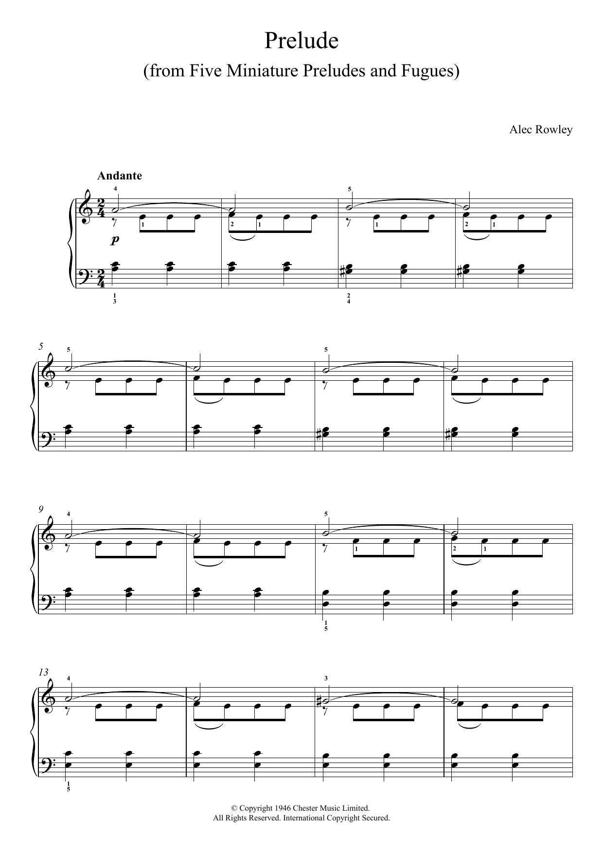 Download Alec Rowley Prelude (from Five Miniature Preludes And Fugues) Sheet Music and learn how to play Piano PDF digital score in minutes