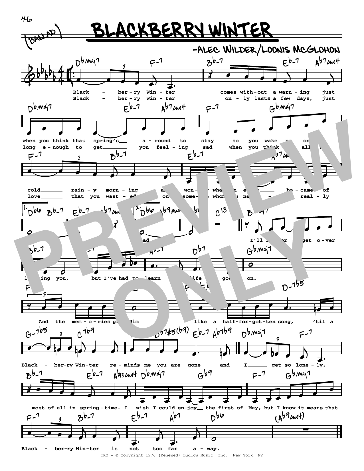 Download Alec Wilder Blackberry Winter (Low Voice) Sheet Music and learn how to play Real Book – Melody, Lyrics & Chords PDF digital score in minutes