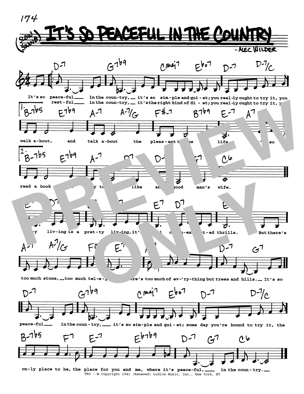 Download Alec Wilder It's So Peaceful In The Country (Low Voice) Sheet Music and learn how to play Real Book – Melody, Lyrics & Chords PDF digital score in minutes