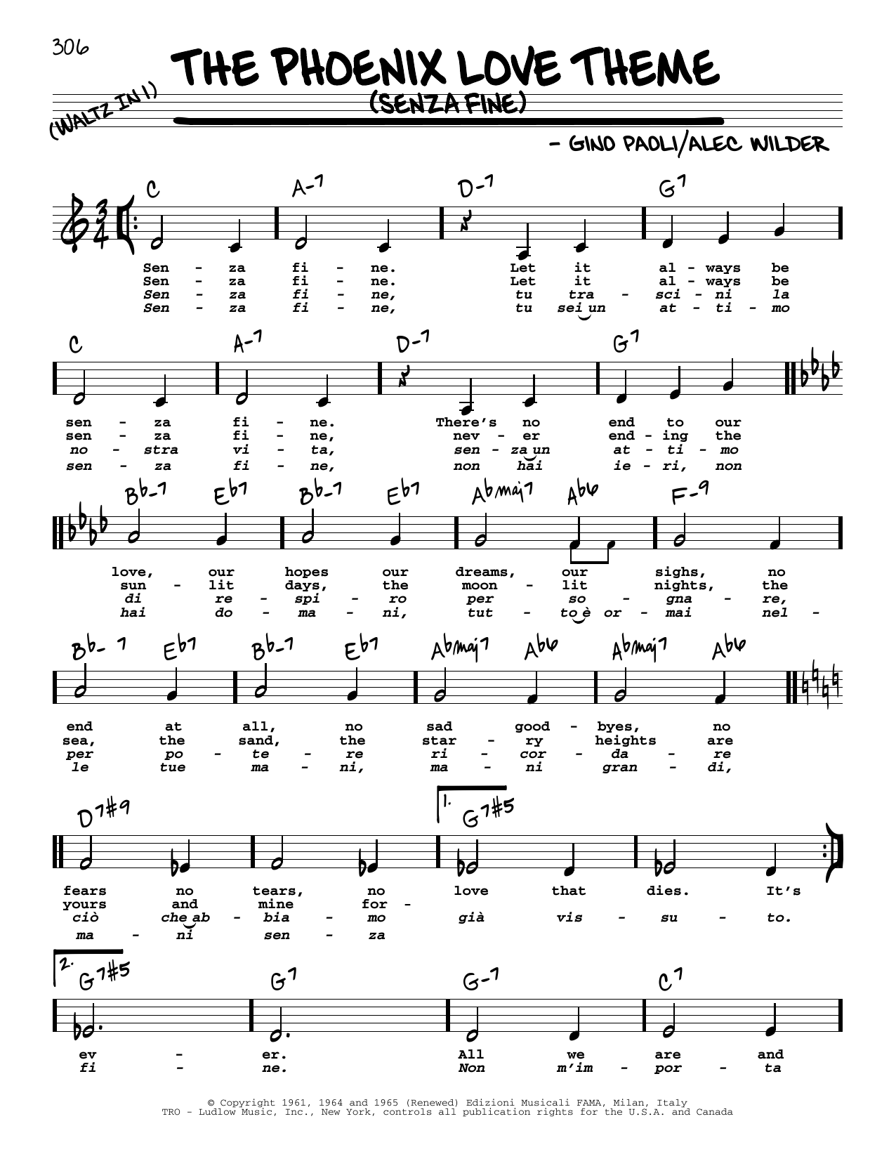 Download Alec Wilder The Phoenix Love Theme (Senza Fine) (Low Voice) Sheet Music and learn how to play Real Book – Melody, Lyrics & Chords PDF digital score in minutes