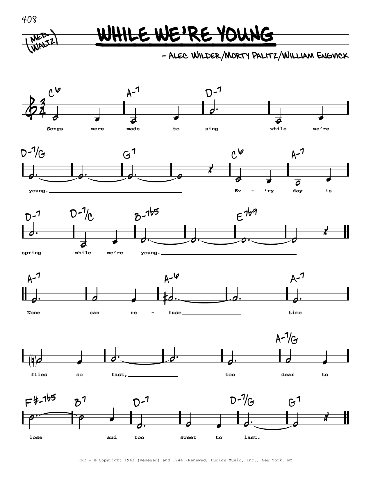 Download Alec Wilder While We're Young (Low Voice) Sheet Music and learn how to play Real Book – Melody, Lyrics & Chords PDF digital score in minutes