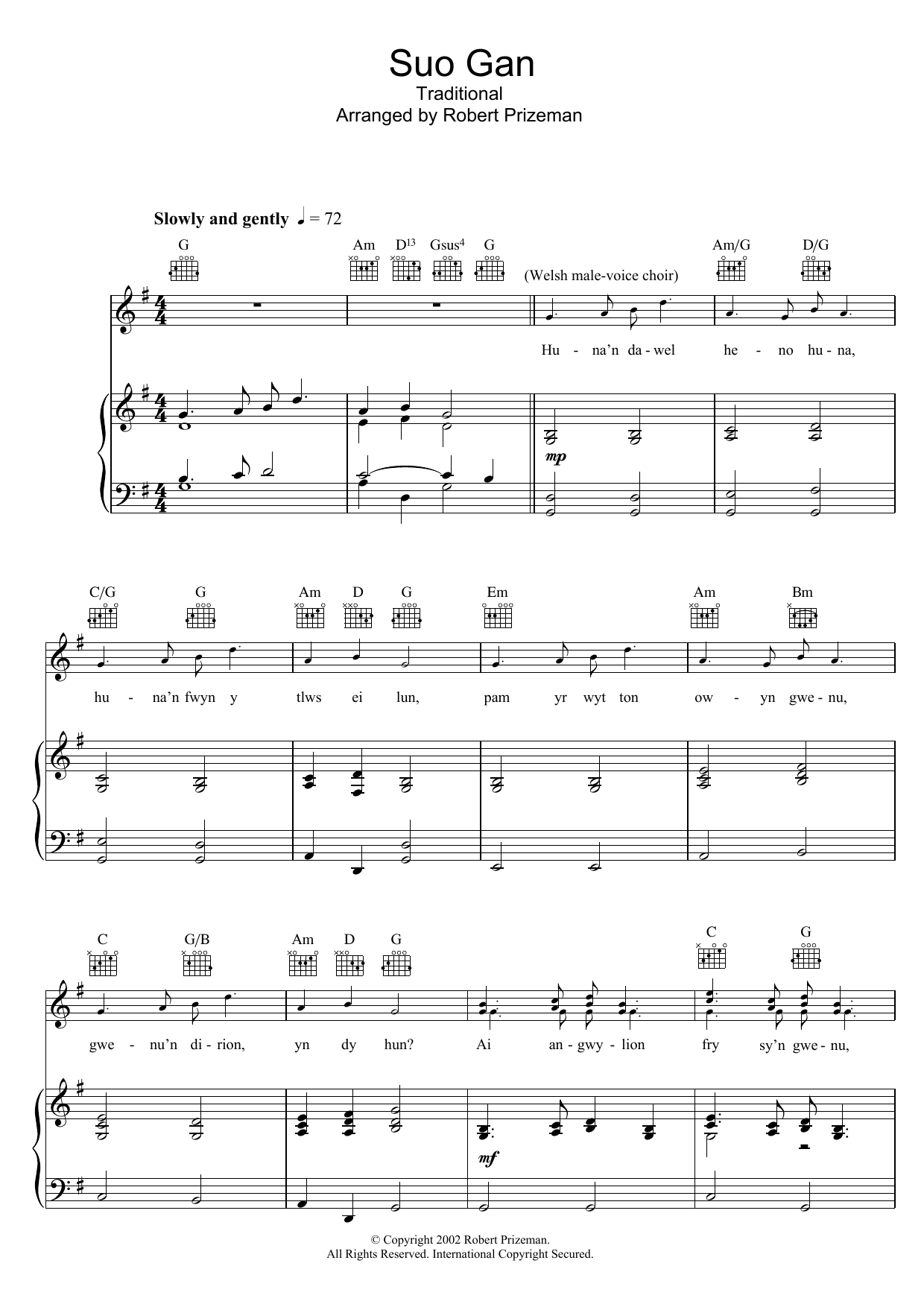 Download Aled Jones Suo Gan Sheet Music and learn how to play Piano, Vocal & Guitar PDF digital score in minutes