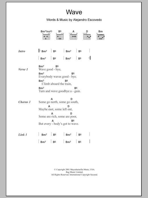 Download Alejandro Escovedo Wave Sheet Music and learn how to play Lyrics & Chords PDF digital score in minutes