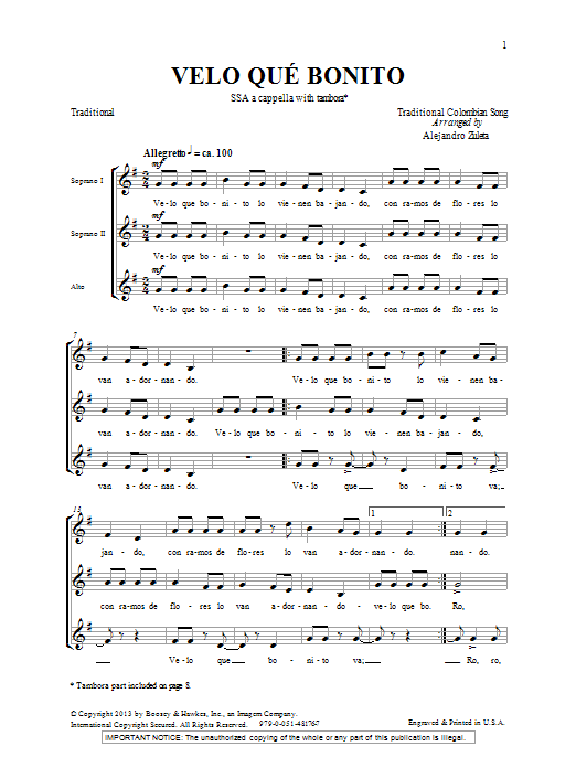 Download Alejandro Zuleta Velo Que Bonito Sheet Music and learn how to play SSA PDF digital score in minutes