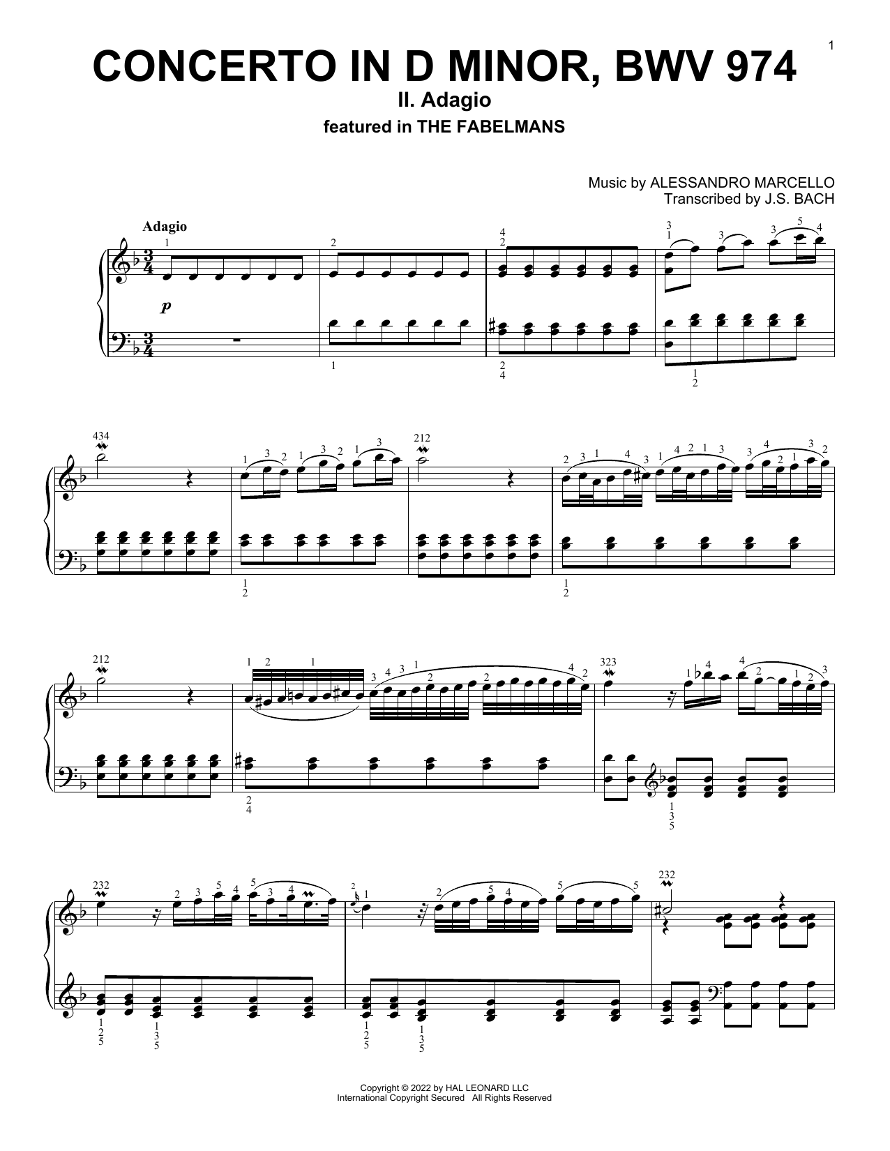 Download Alessandro Marcello Concerto In D Minor, BWV 974 (II: Adagio) Sheet Music and learn how to play Piano Solo PDF digital score in minutes