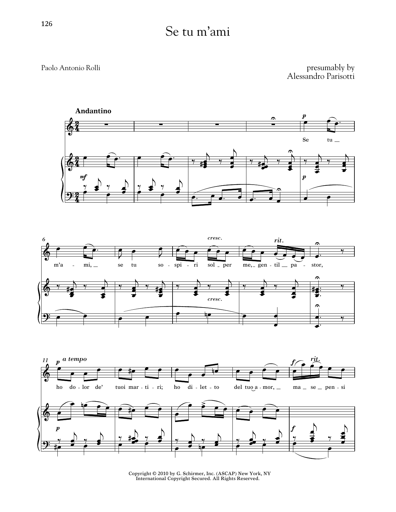 Download Alessandro Parisotti Se Tu M'ami (High Voice) Sheet Music and learn how to play Piano & Vocal PDF digital score in minutes