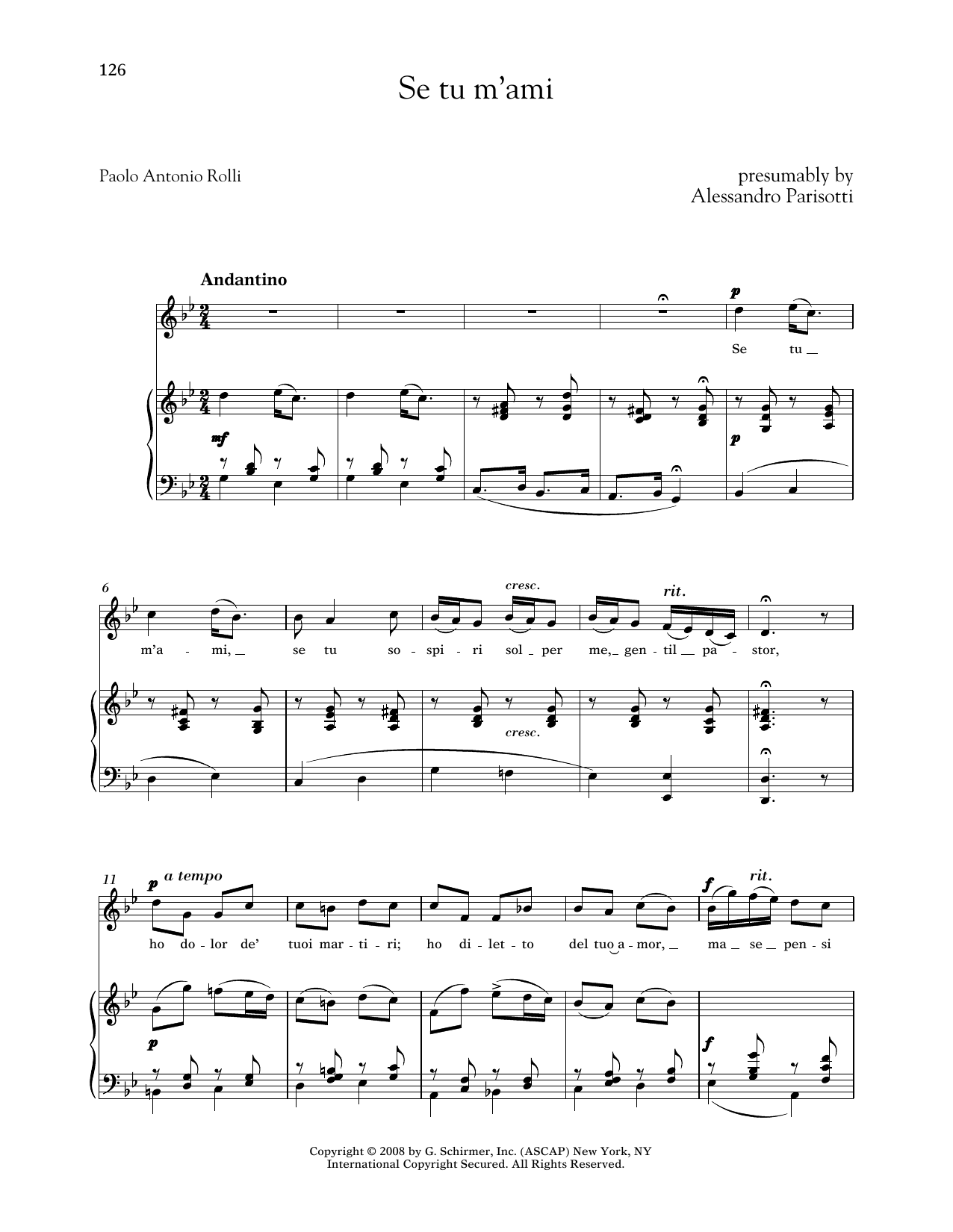 Download Alessandro Parisotti Se Tu M'ami (Medium High Voice) Sheet Music and learn how to play Piano & Vocal PDF digital score in minutes