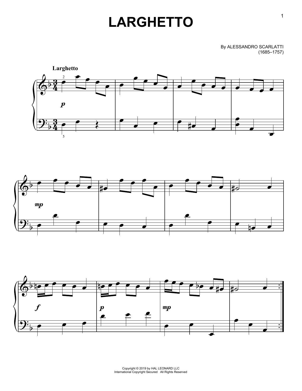 Download Alessandro Scarlatti Larghetto Sheet Music and learn how to play Easy Piano PDF digital score in minutes
