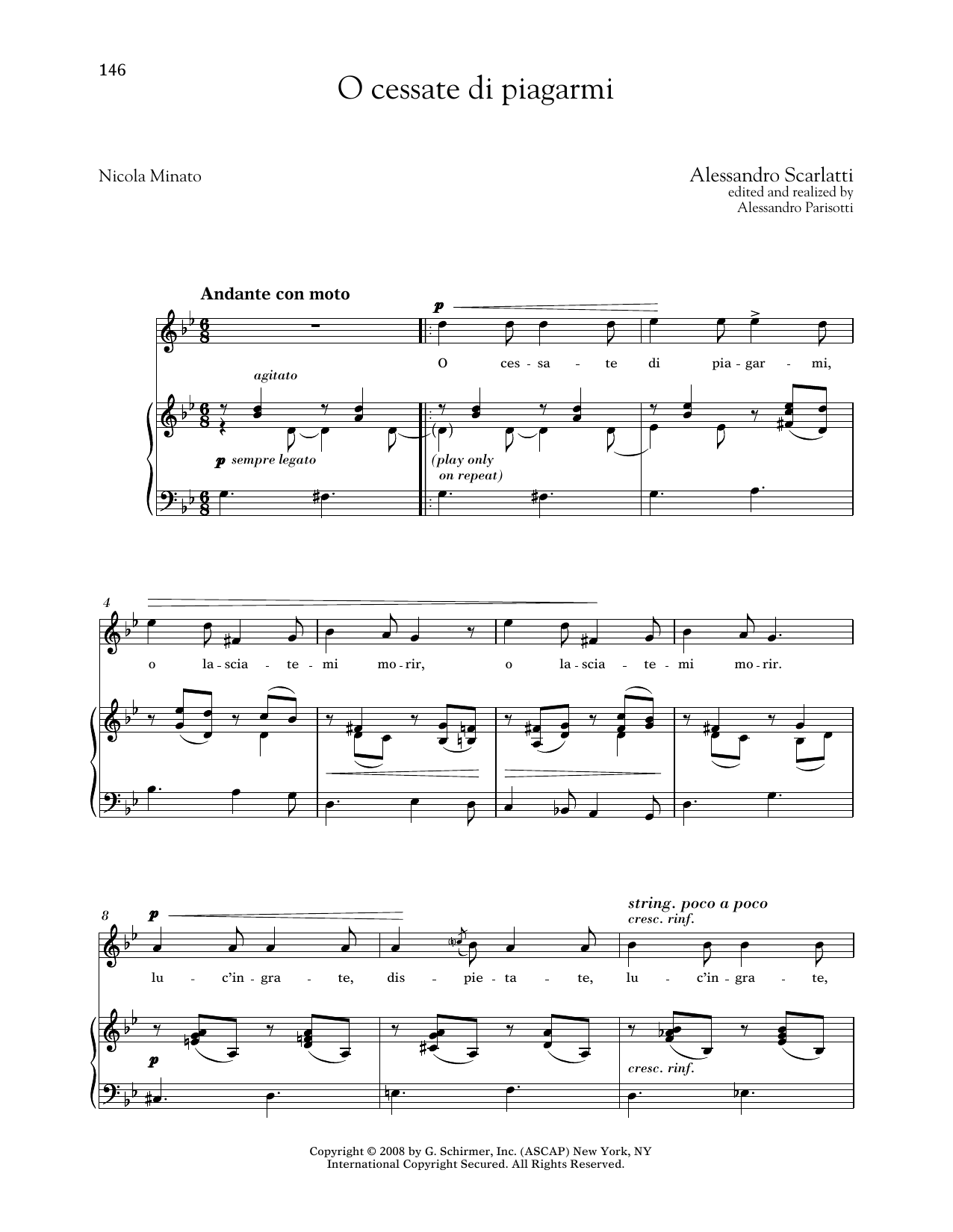 Download Alessandro Scarlatti O Cessate Di Piagarmi (Medium High Voice) Sheet Music and learn how to play Piano & Vocal PDF digital score in minutes