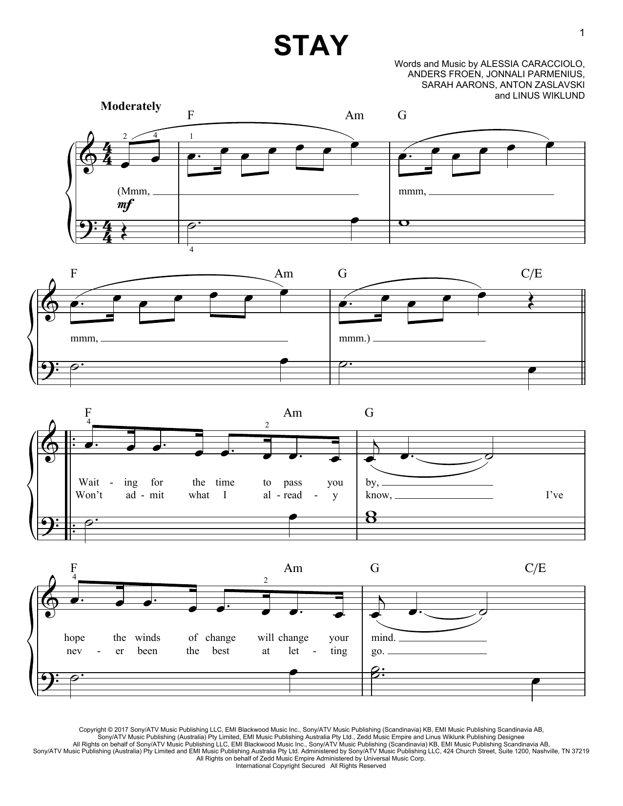 Download Alessia Cara feat. Zedd Stay Sheet Music and learn how to play Easy Piano PDF digital score in minutes