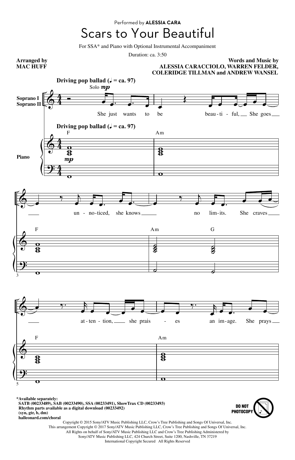 Download Mac Huff Scars To Your Beautiful Sheet Music and learn how to play SATB PDF digital score in minutes