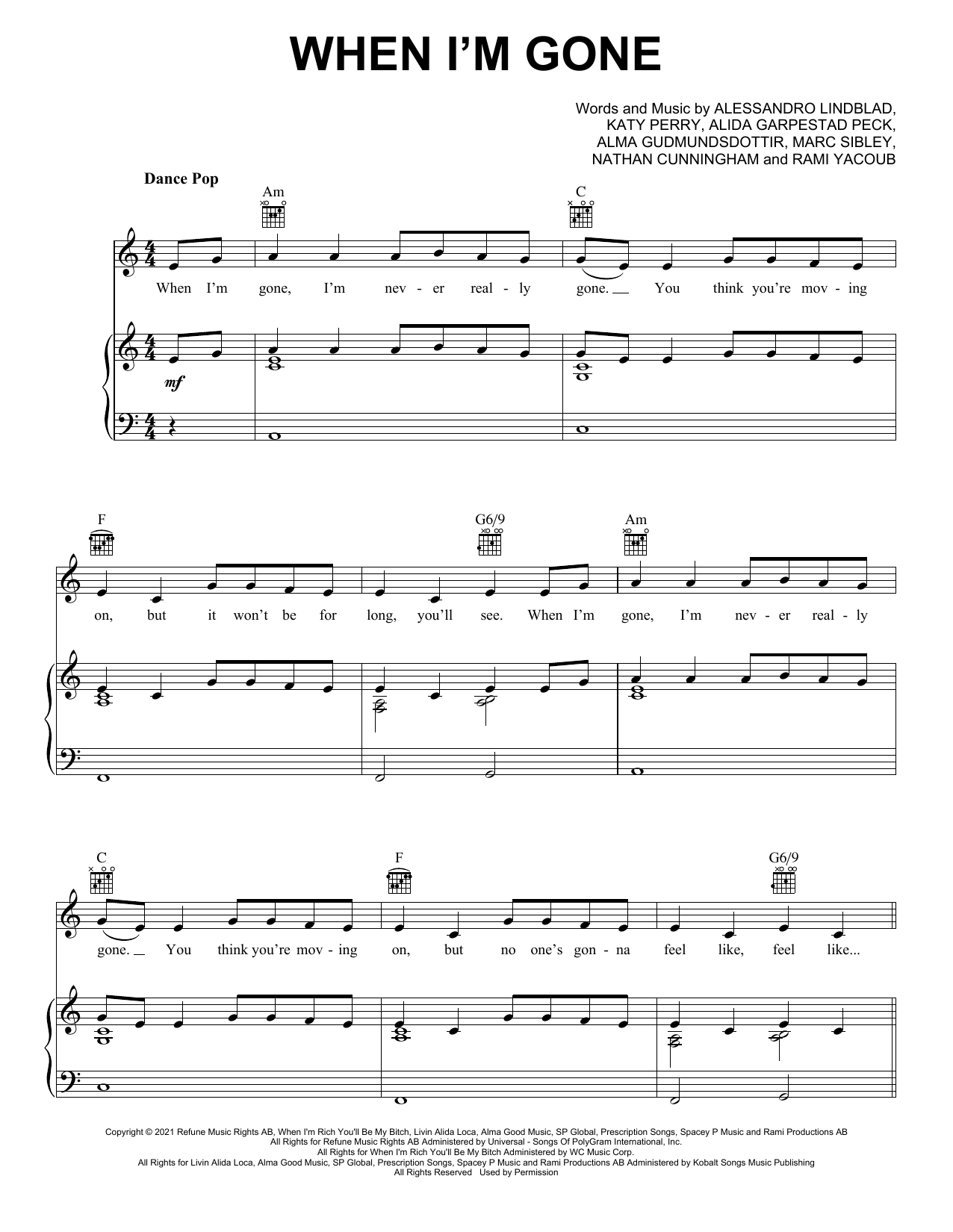 Download Alesso feat. Katy Perry When I'm Gone Sheet Music and learn how to play Piano, Vocal & Guitar Chords (Right-Hand Melody) PDF digital score in minutes