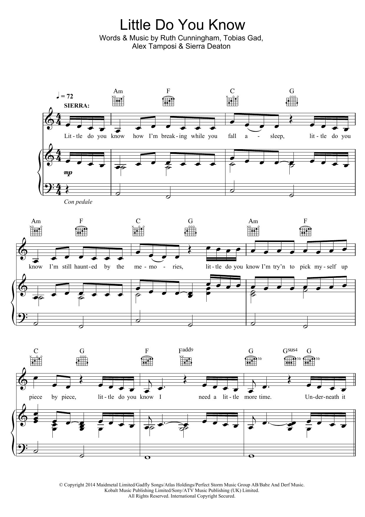 Download Alex & Sierra Little Do You Know Sheet Music and learn how to play Piano, Vocal & Guitar (Right-Hand Melody) PDF digital score in minutes