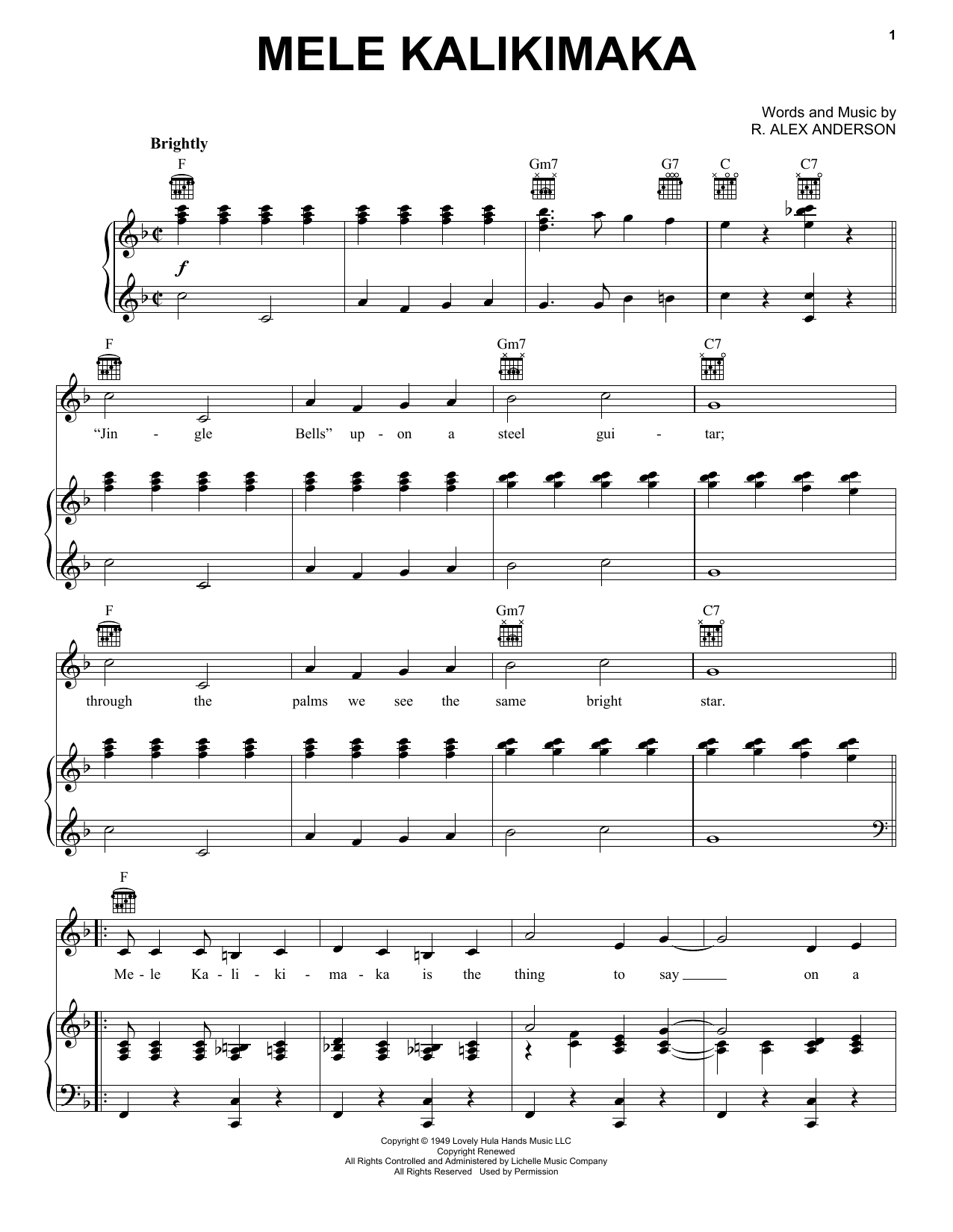 Download Alex Anderson Mele Kalikimaka Sheet Music and learn how to play Piano, Vocal & Guitar (Right-Hand Melody) PDF digital score in minutes
