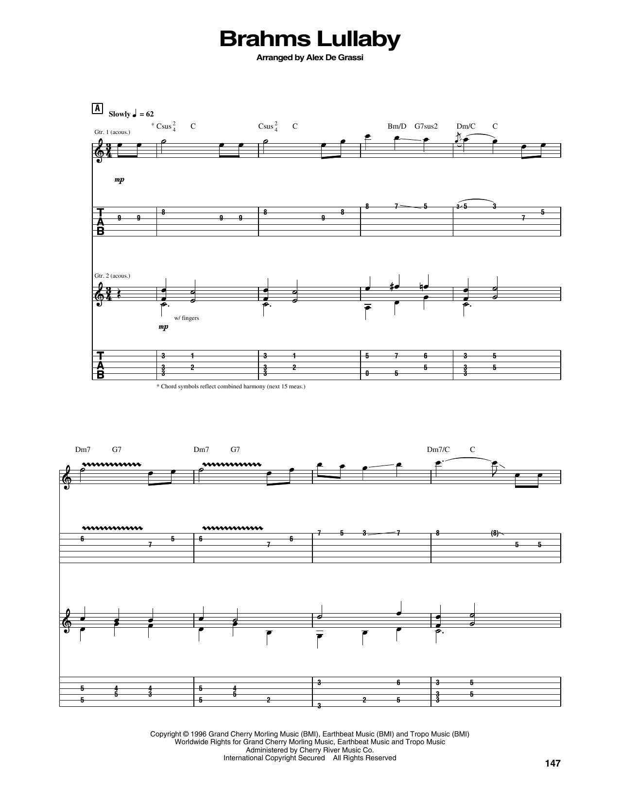 Download Alex de Grassi Brahms Lullaby Sheet Music and learn how to play Guitar Tab PDF digital score in minutes