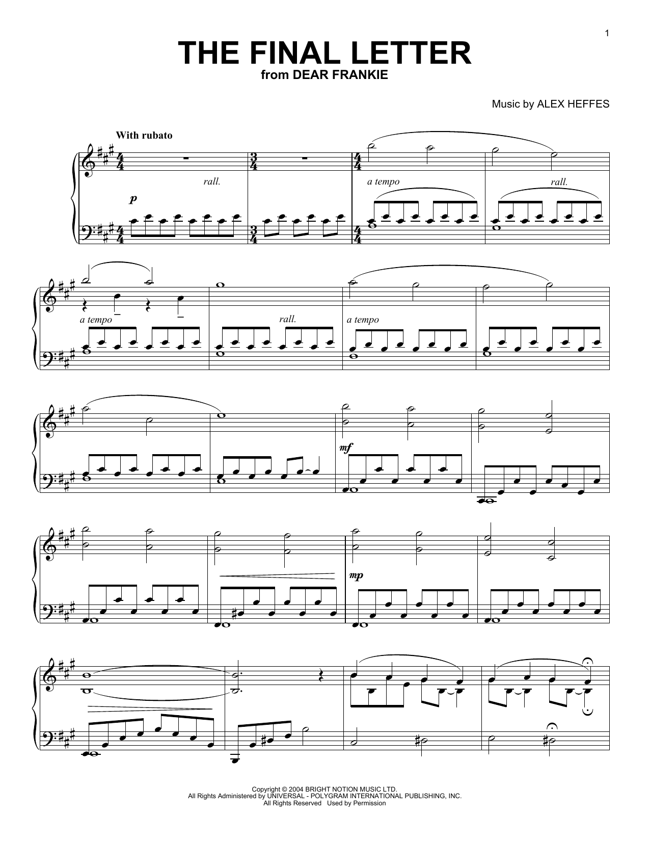 Download Alex Heffes The Final Letter (from Dear Frankie) Sheet Music and learn how to play Piano Solo PDF digital score in minutes