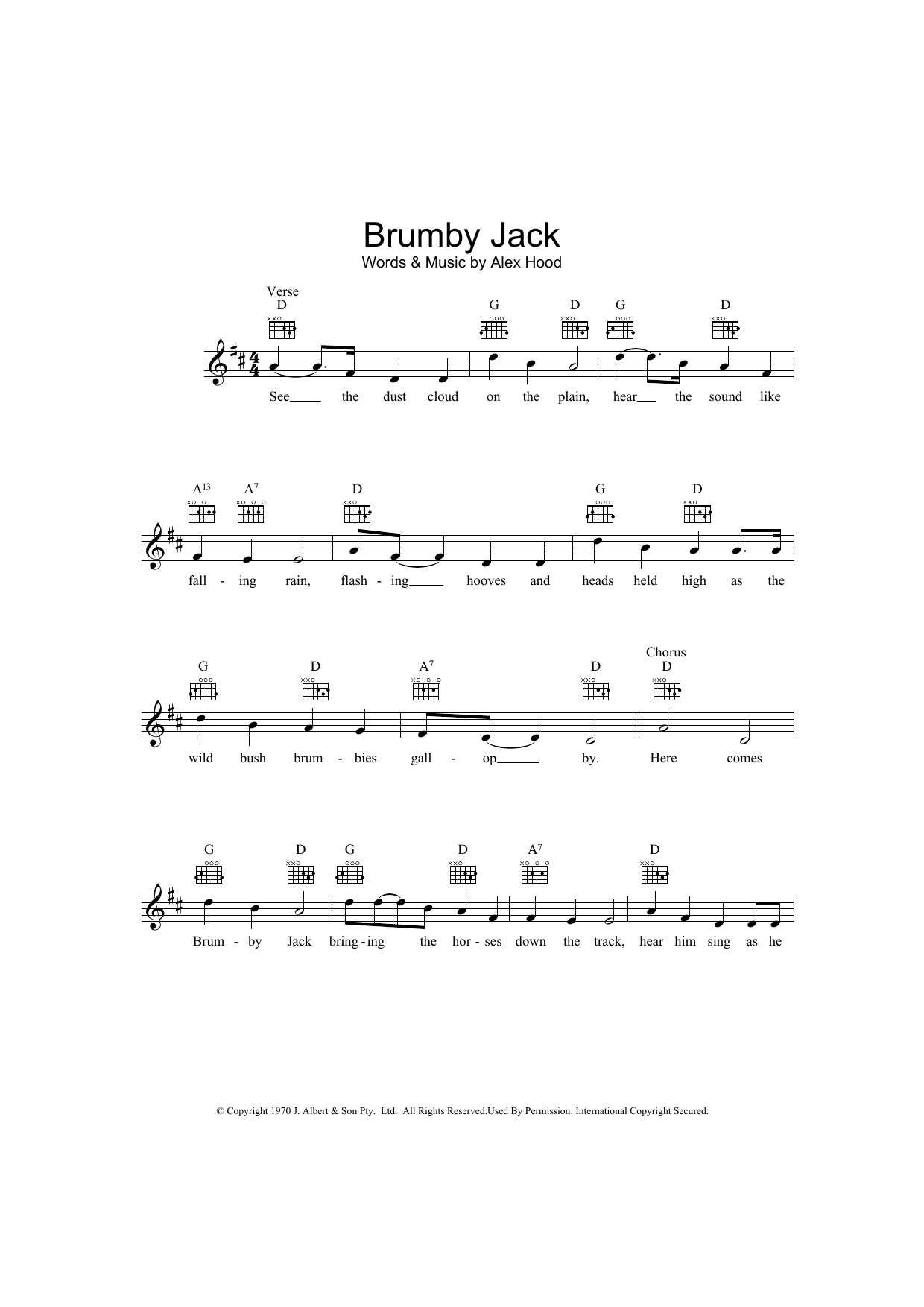 Download Alex Hood Brumby Jack Sheet Music and learn how to play Melody Line, Lyrics & Chords PDF digital score in minutes
