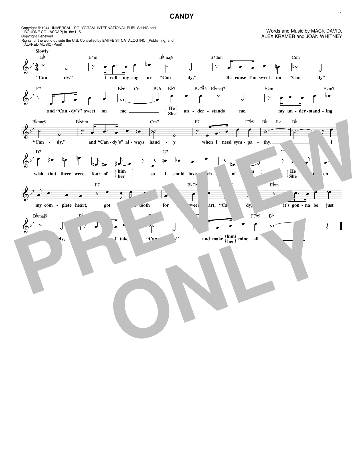 Download Alex Kramer Candy Sheet Music and learn how to play Melody Line, Lyrics & Chords PDF digital score in minutes