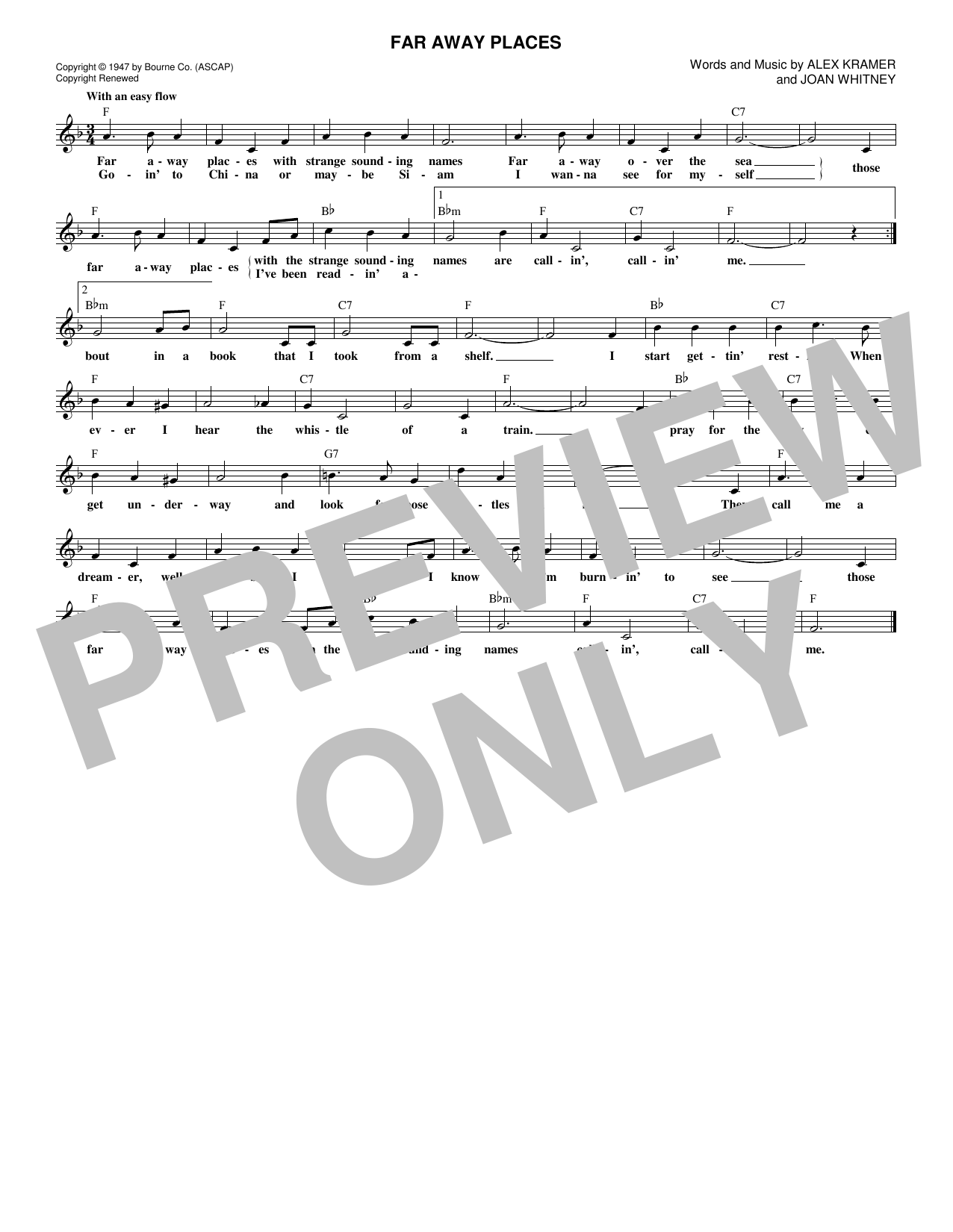Download Alex Kramer Far Away Places Sheet Music and learn how to play Melody Line, Lyrics & Chords PDF digital score in minutes