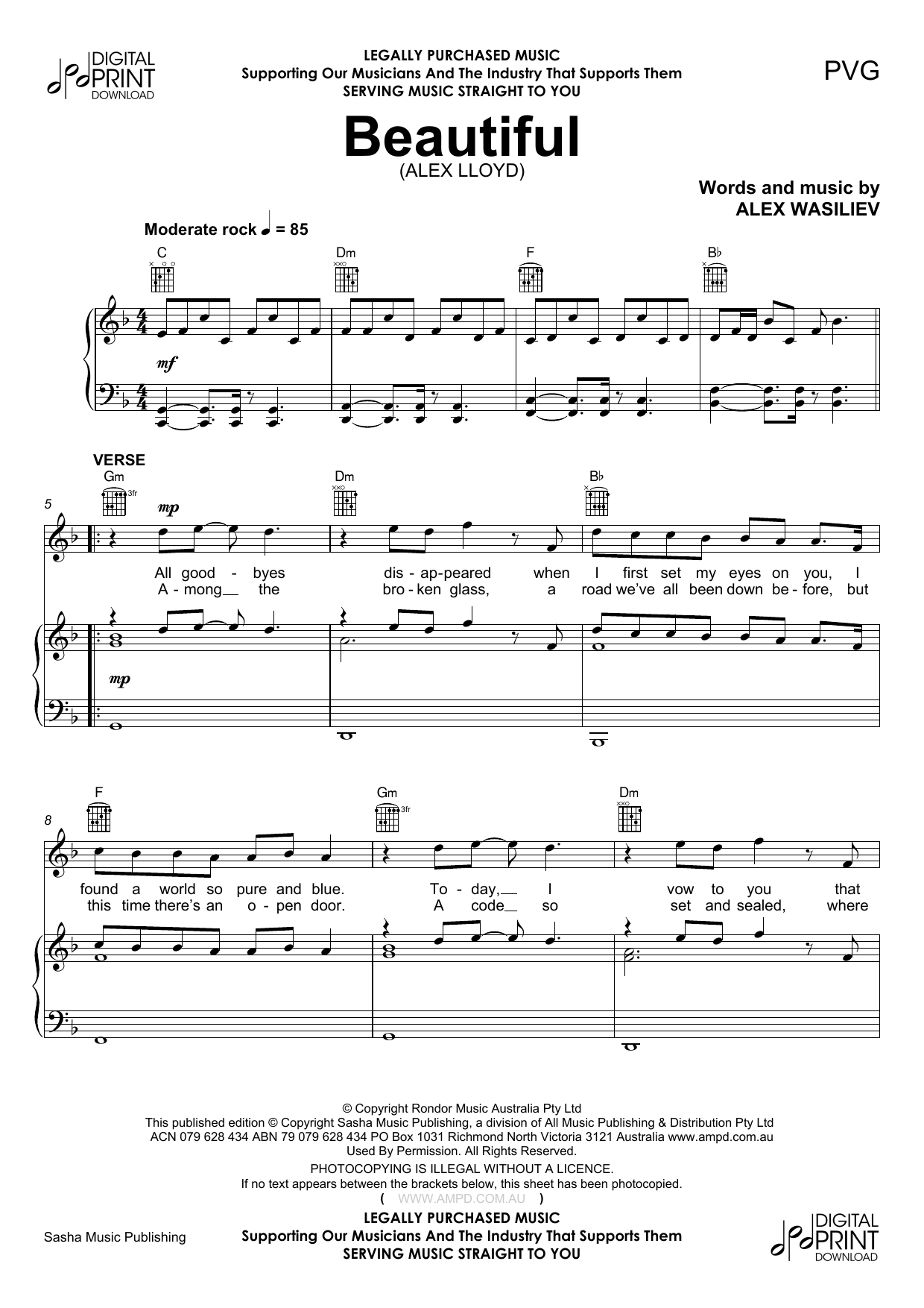 Download Alex Lloyd Beautiful Sheet Music and learn how to play Piano, Vocal & Guitar (Right-Hand Melody) PDF digital score in minutes