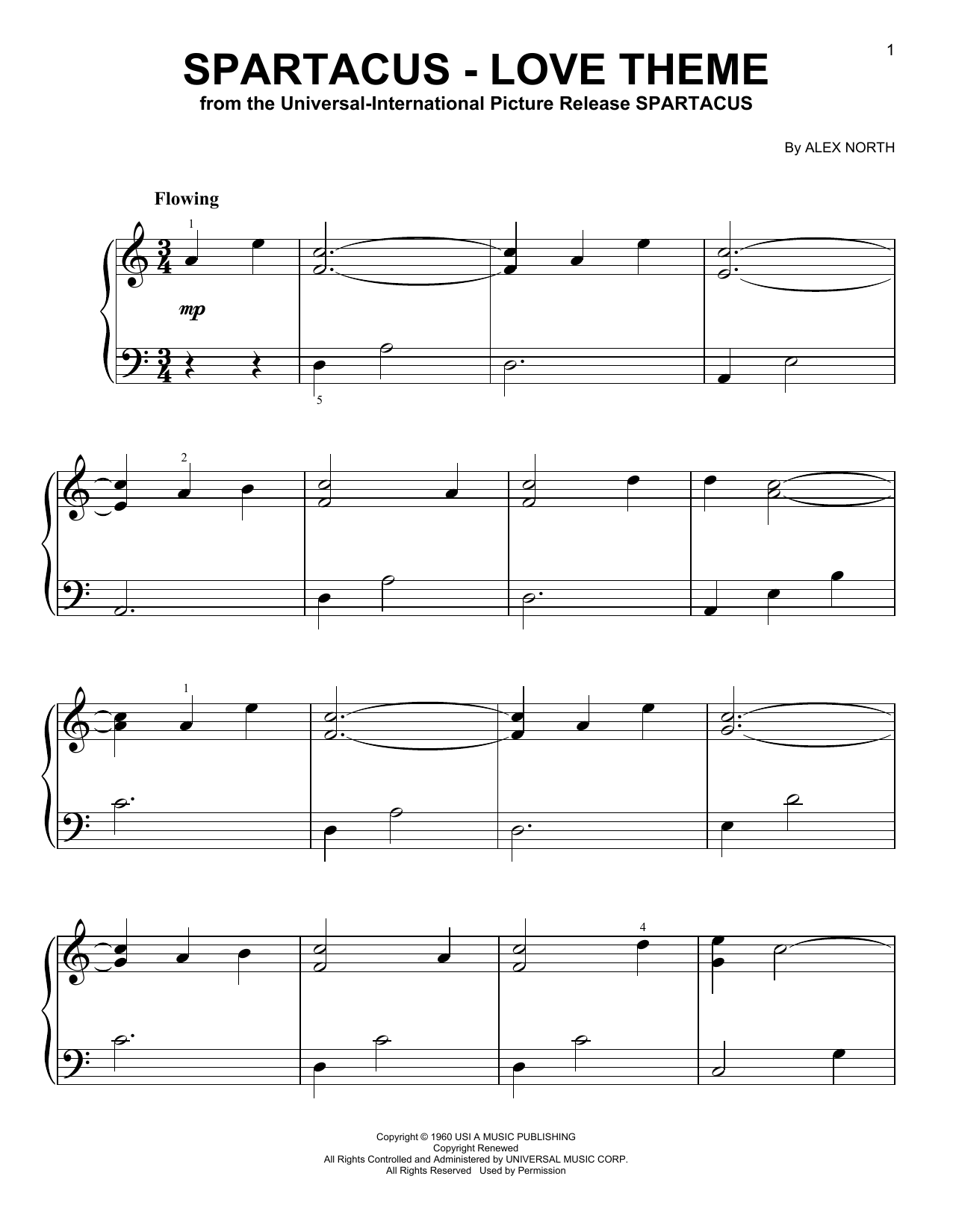 Download Alex North Spartacus - Love Theme (from Spartacus) Sheet Music and learn how to play Very Easy Piano PDF digital score in minutes