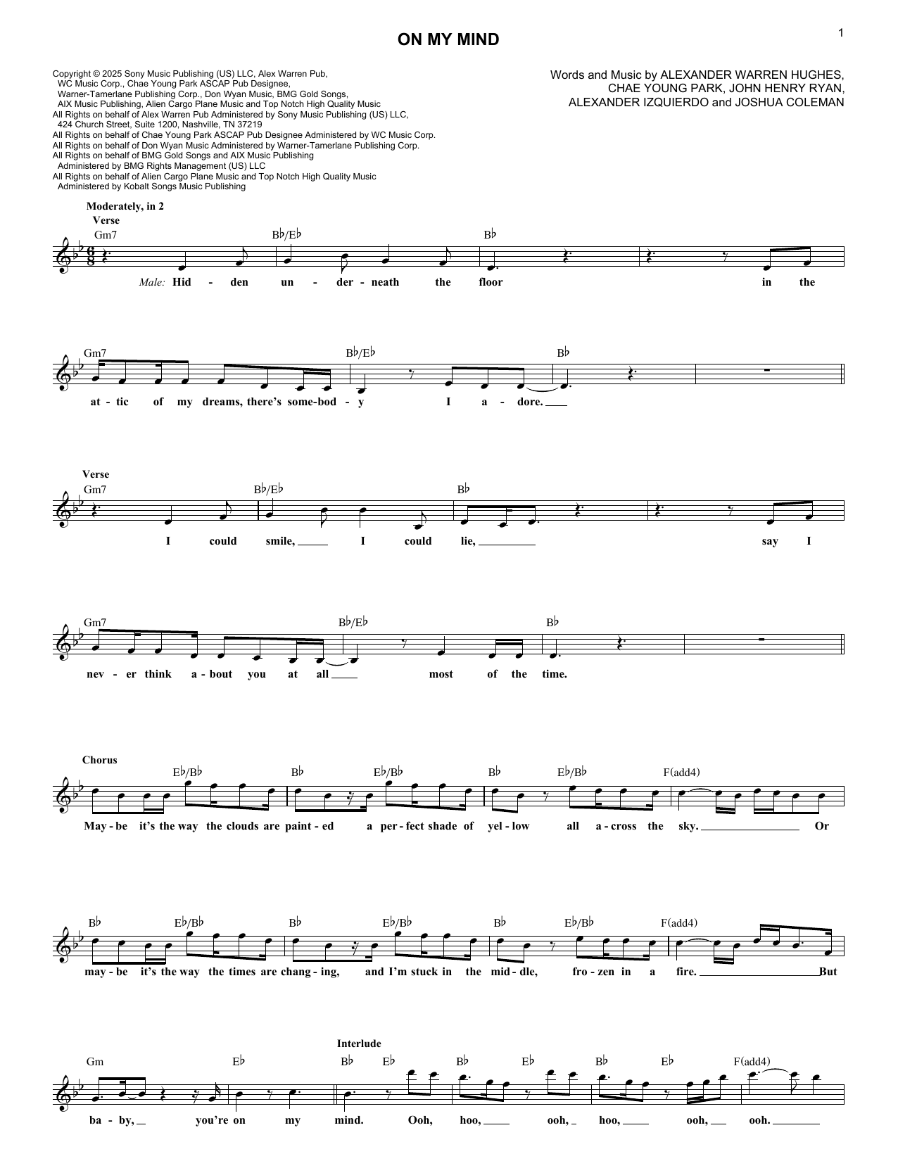 Download Alex Warren and ROSÉ On My Mind Sheet Music and learn how to play Lead Sheet / Fake Book PDF digital score in minutes