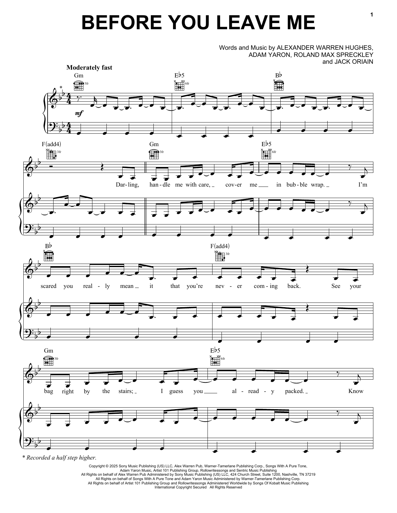 Download Alex Warren Before You Leave Me Sheet Music and learn how to play Piano, Vocal & Guitar Chords (Right-Hand Melody) PDF digital score in minutes