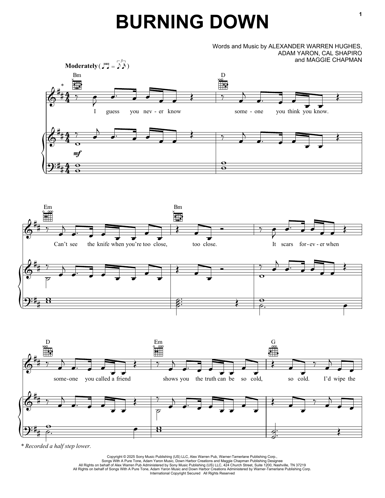 Download Alex Warren Burning Down Sheet Music and learn how to play Piano, Vocal & Guitar Chords (Right-Hand Melody) PDF digital score in minutes
