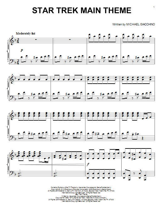Download Alexander Courage Star Trek Main Theme Sheet Music and learn how to play Piano PDF digital score in minutes