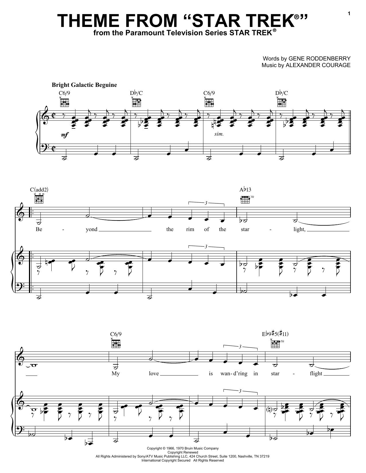 Download Alexander Courage Theme from Star Trek(R) Sheet Music and learn how to play Piano, Vocal & Guitar (Right-Hand Melody) PDF digital score in minutes