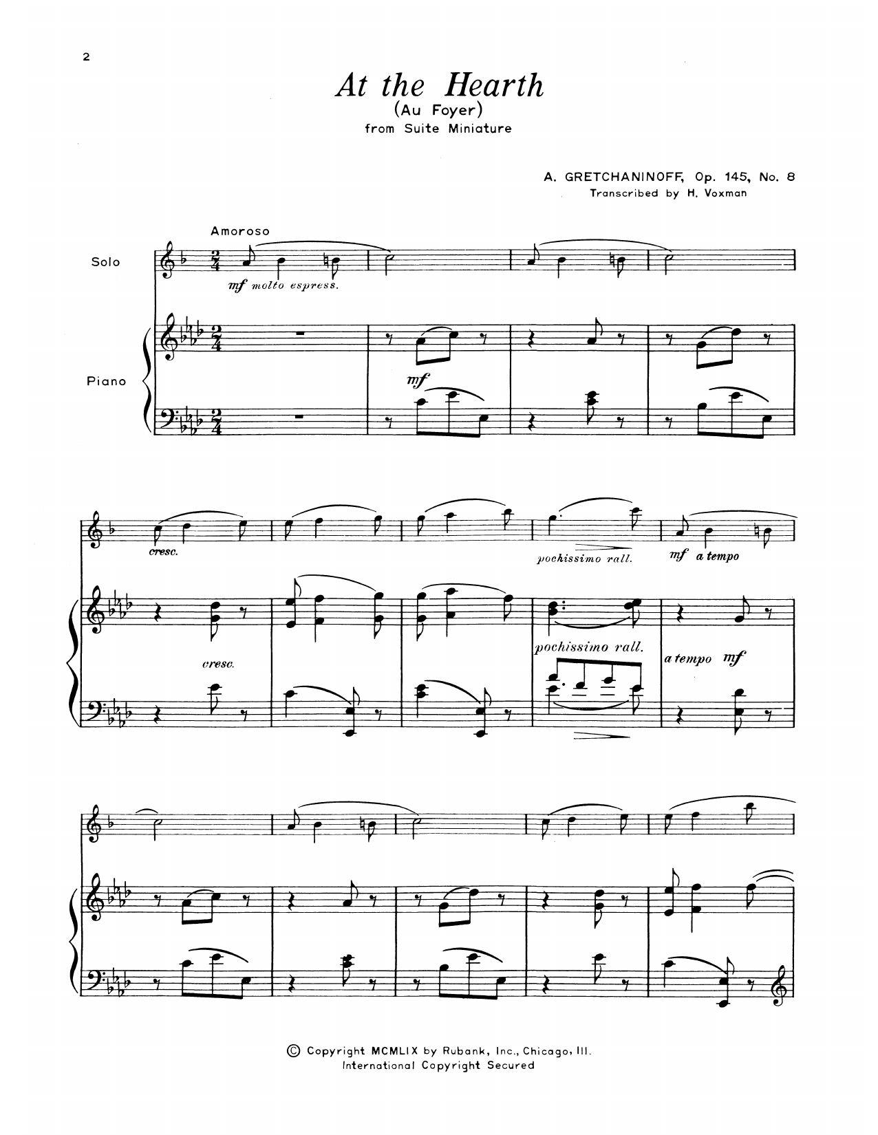 Download Alexander Gretchaninoff At The Hearth Sheet Music and learn how to play Alto Sax and Piano PDF digital score in minutes