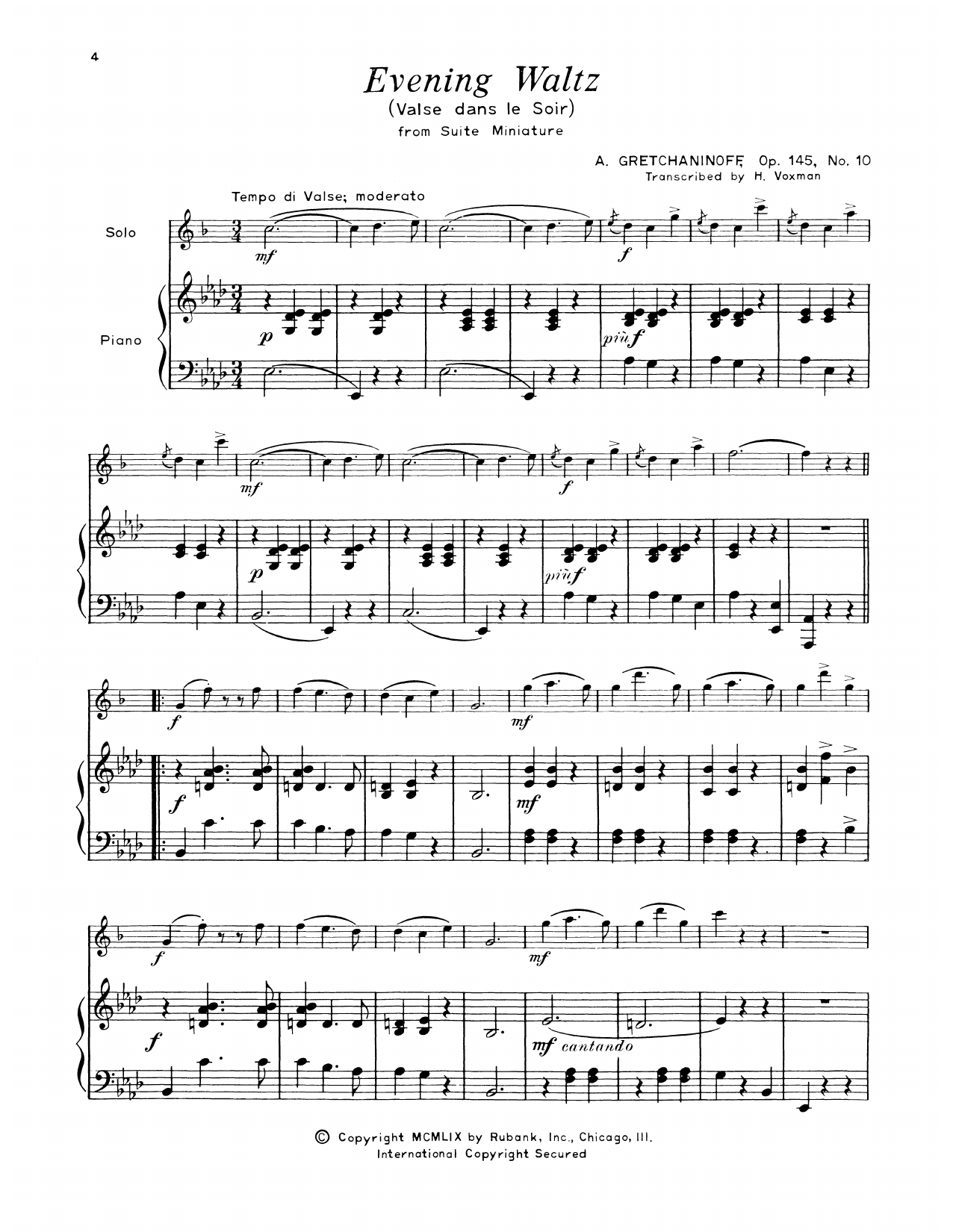 Download Alexander Gretchaninoff Evening Waltz Sheet Music and learn how to play Alto Sax and Piano PDF digital score in minutes