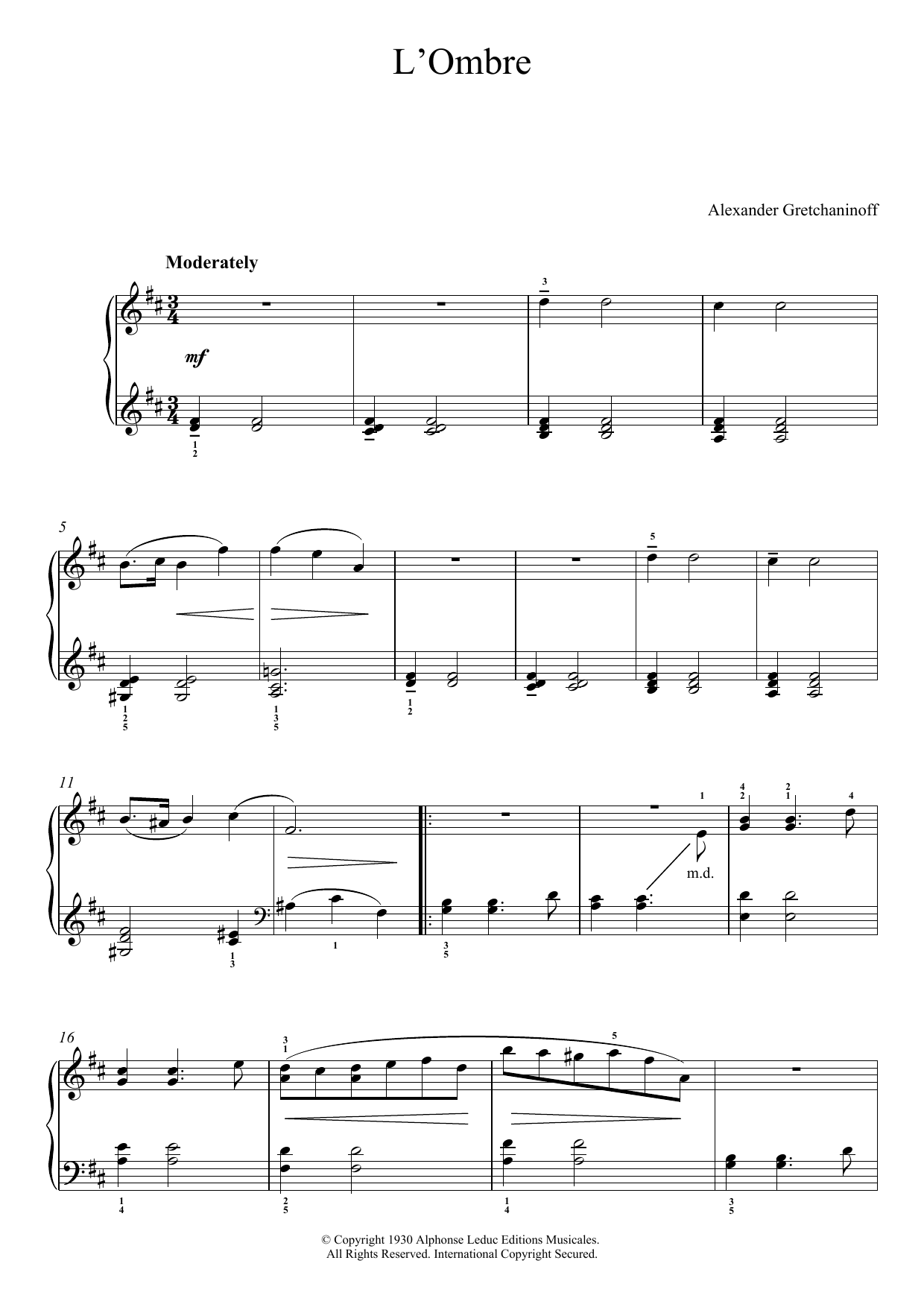 Download Alexander Gretchaninoff L'Ombre (No. 4 From 'Historiettes') Sheet Music and learn how to play Piano PDF digital score in minutes