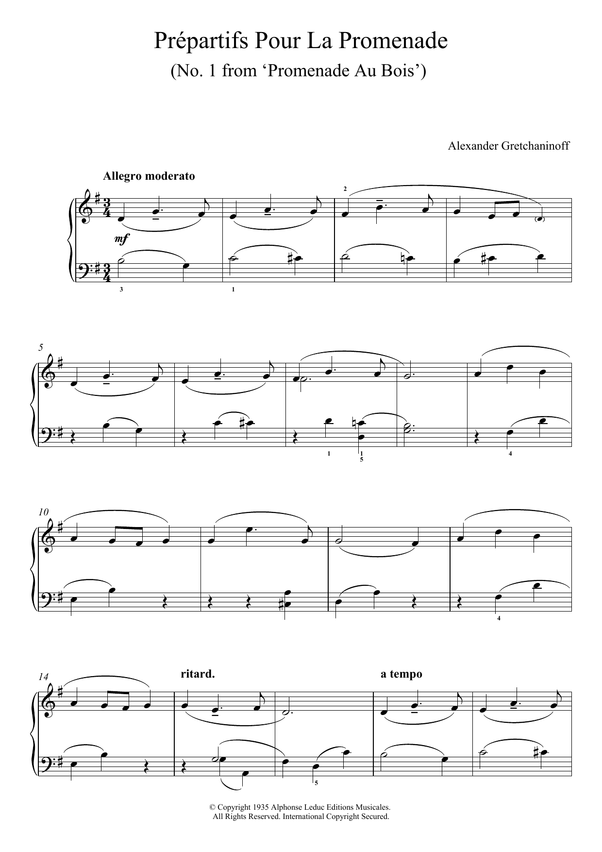 Download Alexander Gretchaninoff Prépartifs Pour La Promenade (No. 1 From 'Promenade Au Bois') Sheet Music and learn how to play Piano PDF digital score in minutes