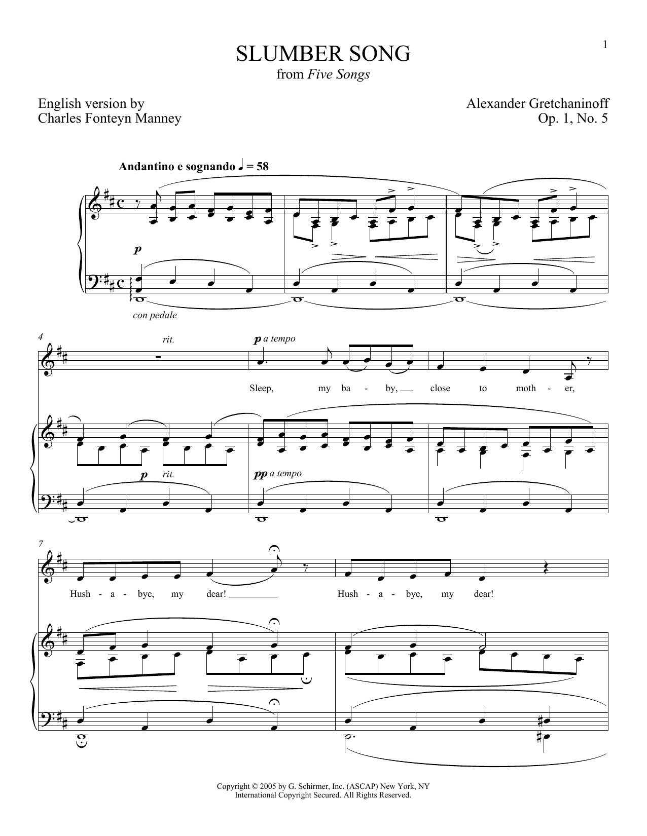 Download Alexander Gretchaninoff Slumber Song (Berceuse) Sheet Music and learn how to play Piano & Vocal PDF digital score in minutes