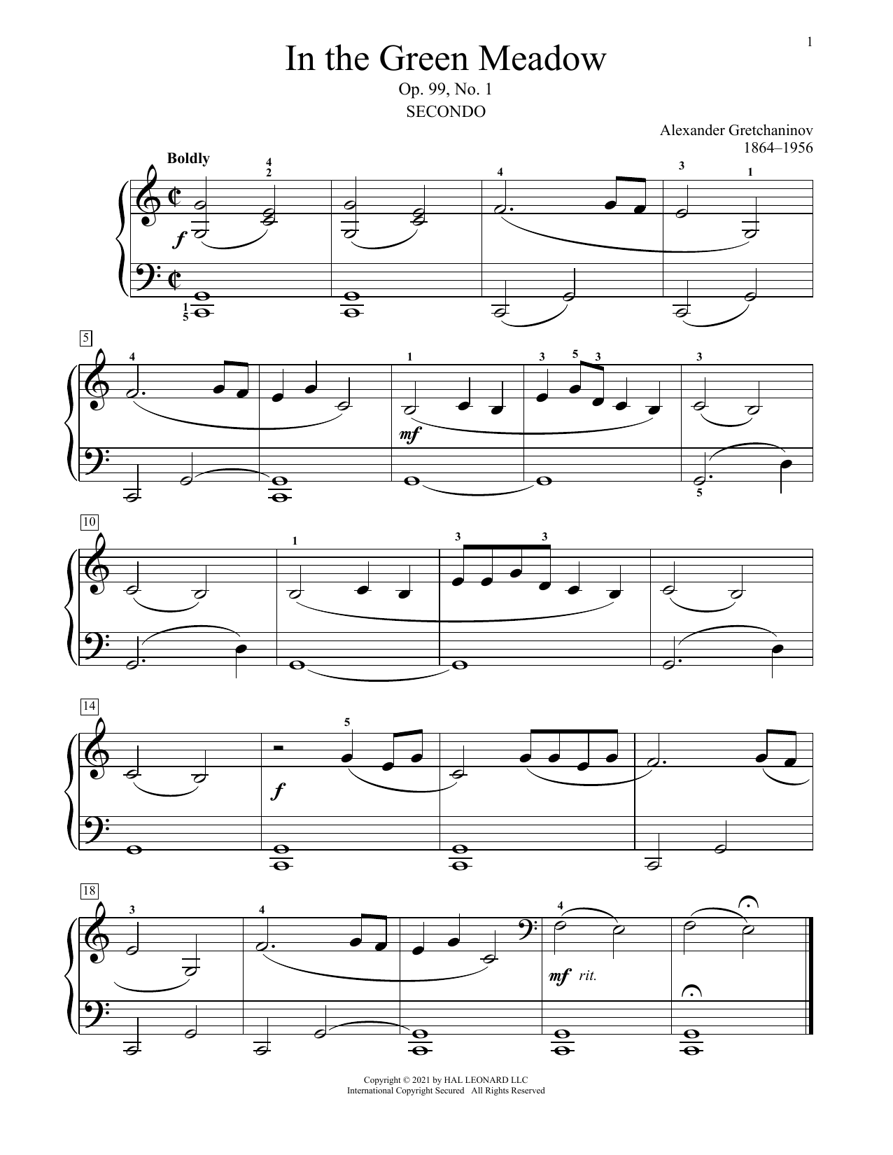 Download Alexander Gretchaninov In The Green Meadow, Op. 99, No. 1 Sheet Music and learn how to play Piano Duet PDF digital score in minutes